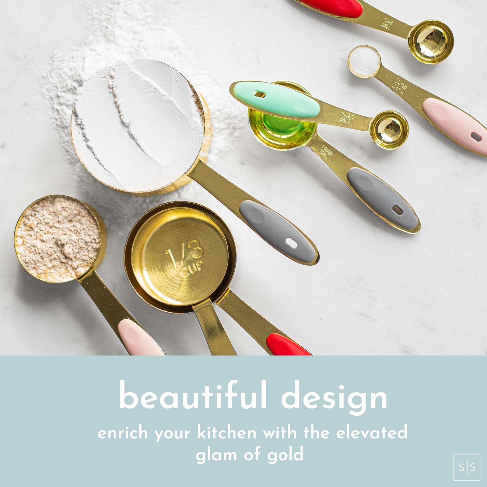 Multicolor and Gold Measuring Cups and Spoons Set