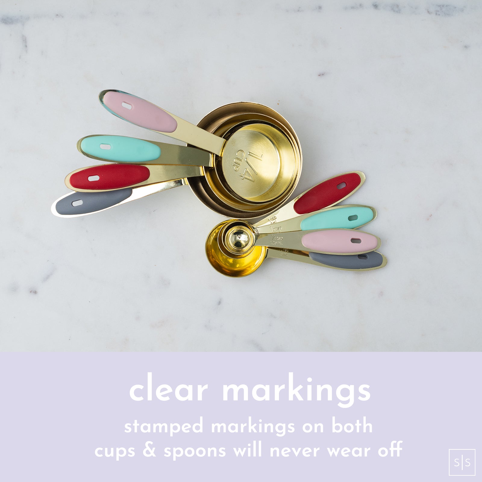Multicolor and Gold Measuring Cups and Spoons Set