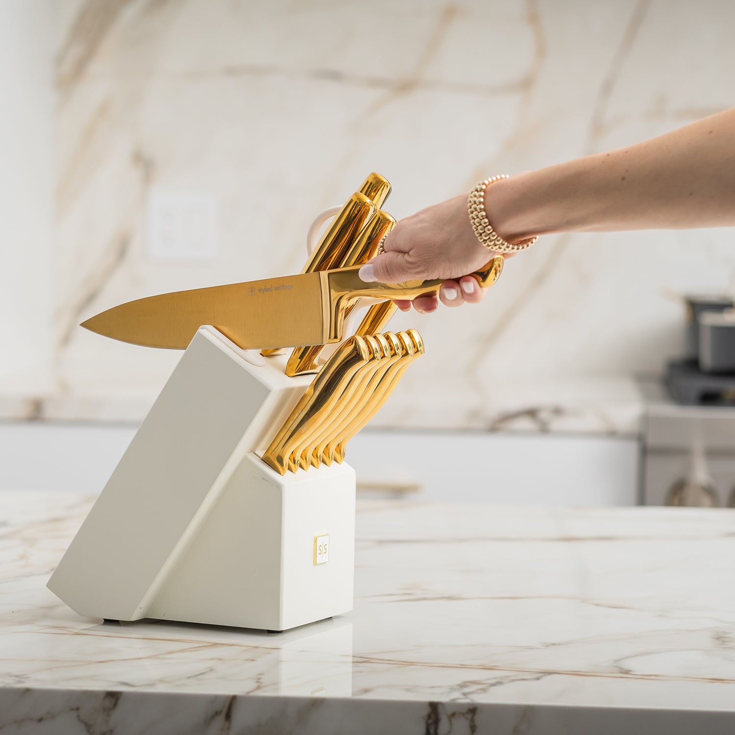 Gold Knife Set with White Self-Sharpening Block - Styled Settings