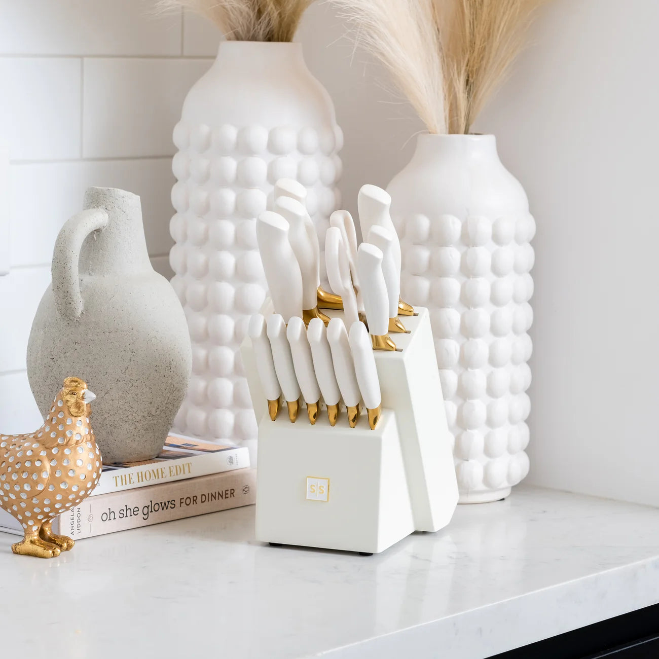 Patterned White and Gold Knife Set with White Self-Sharpening Block