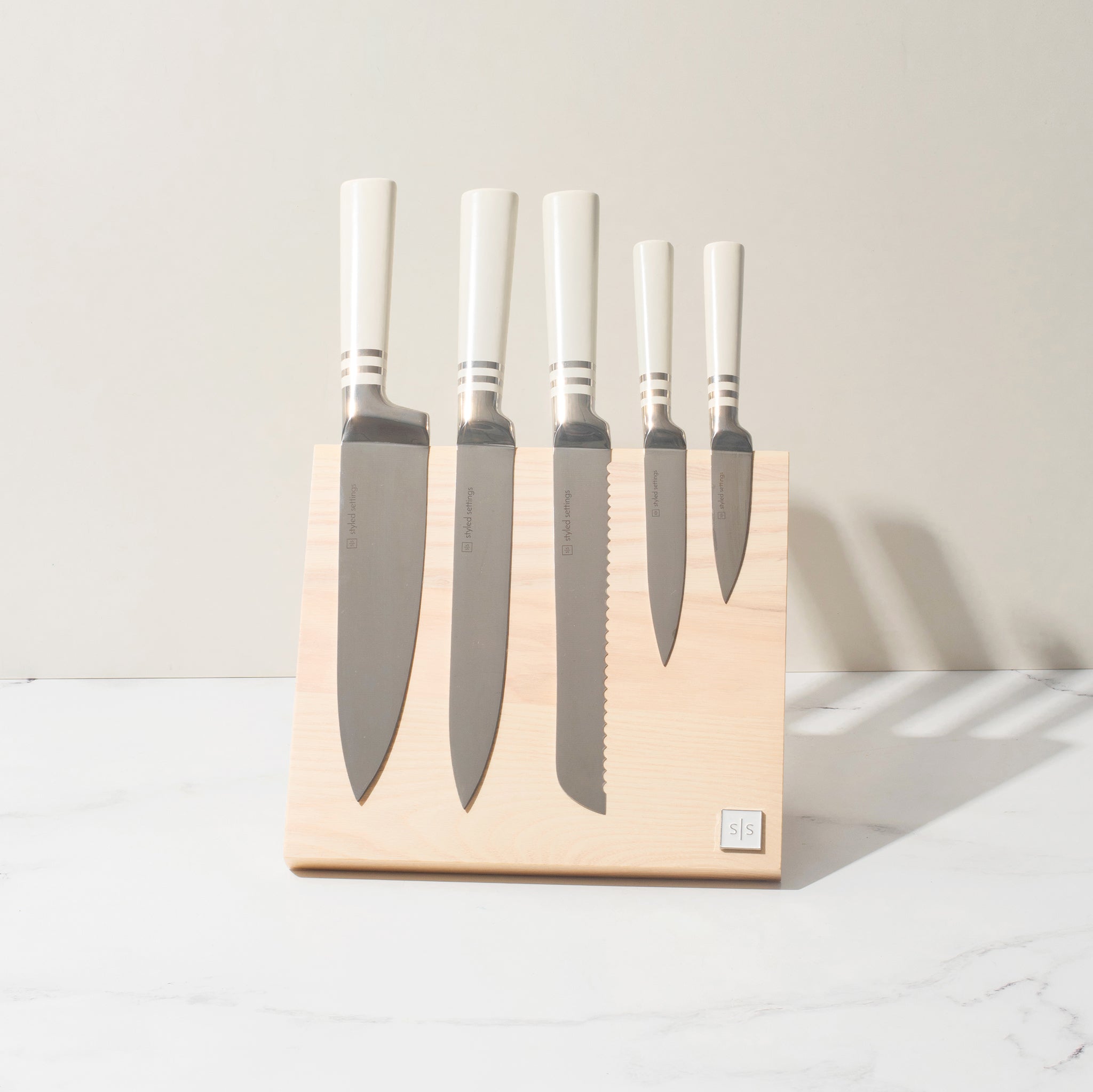 White and Silver Knife Set with Magnetic Knife Block - Styled Settings