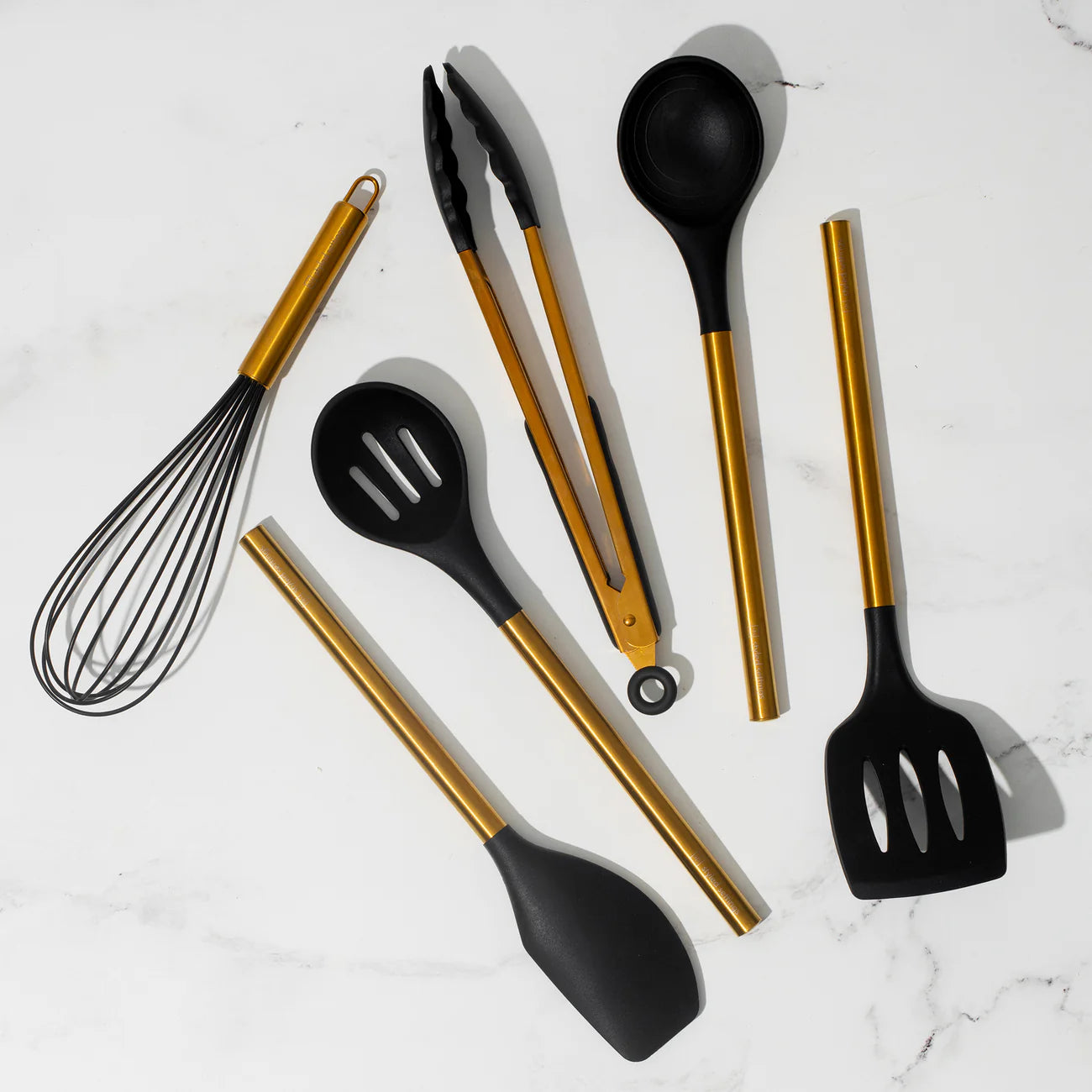 Black and Gold Kitchen Utensils and Black Utensil Holder with Built-in Spoon Rest