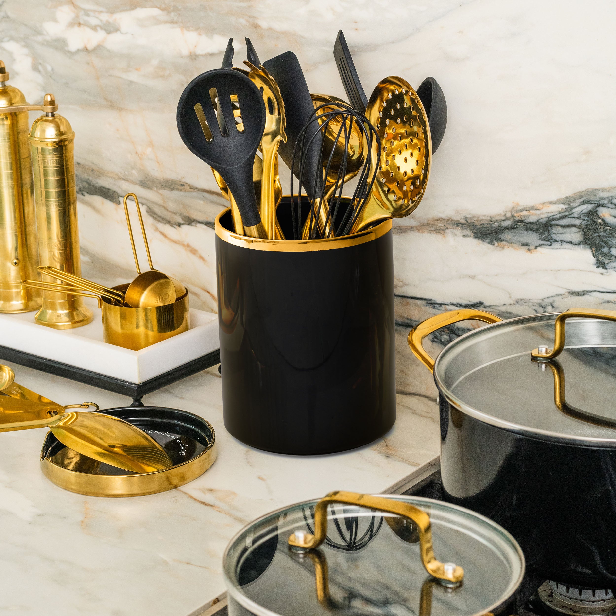 Black and Gold Utensil Holder with Built-in Spoon Rest - Styled Settings
