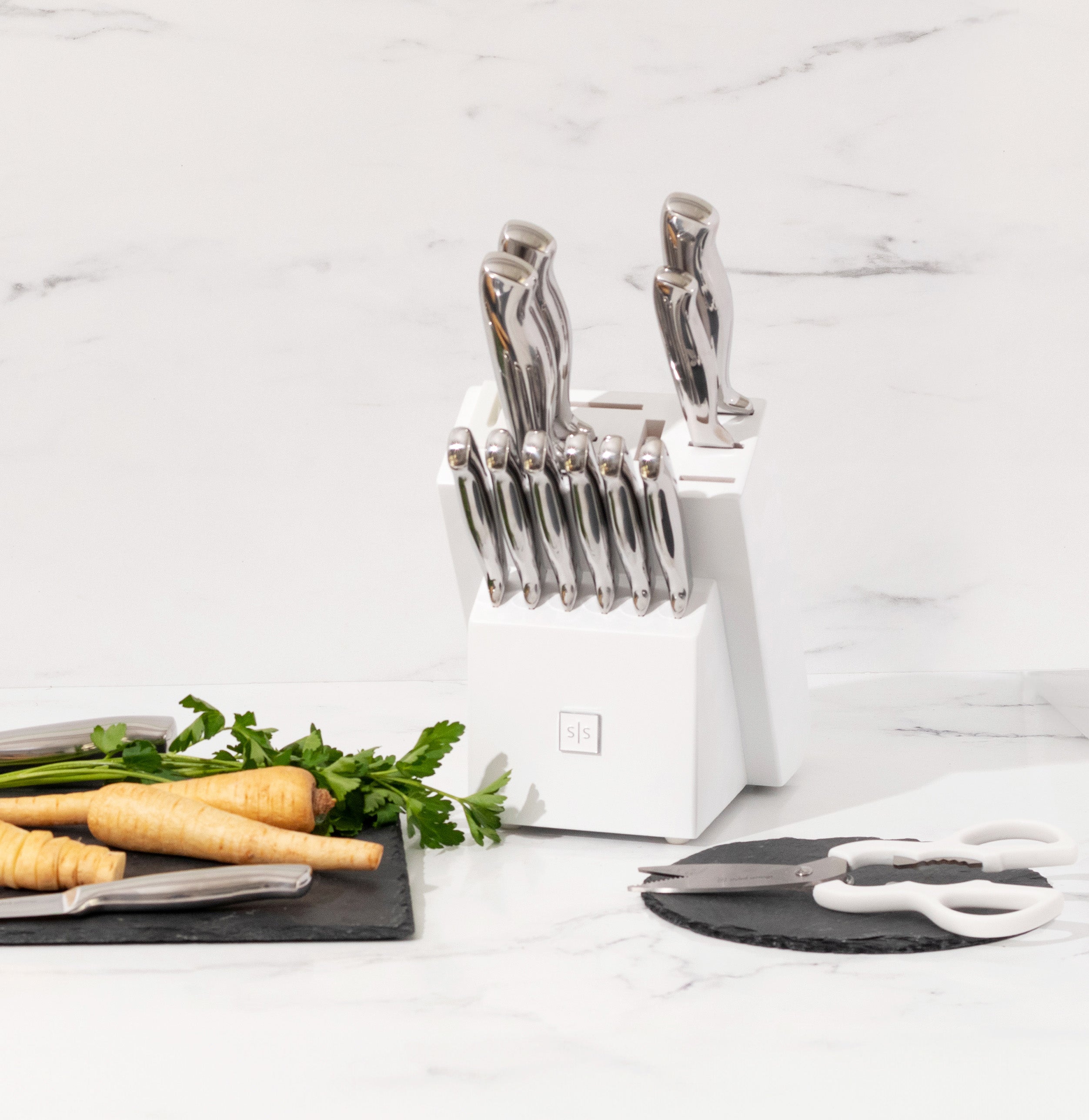 Silver Knife Set with White Self-Sharpening Block - Styled Settings