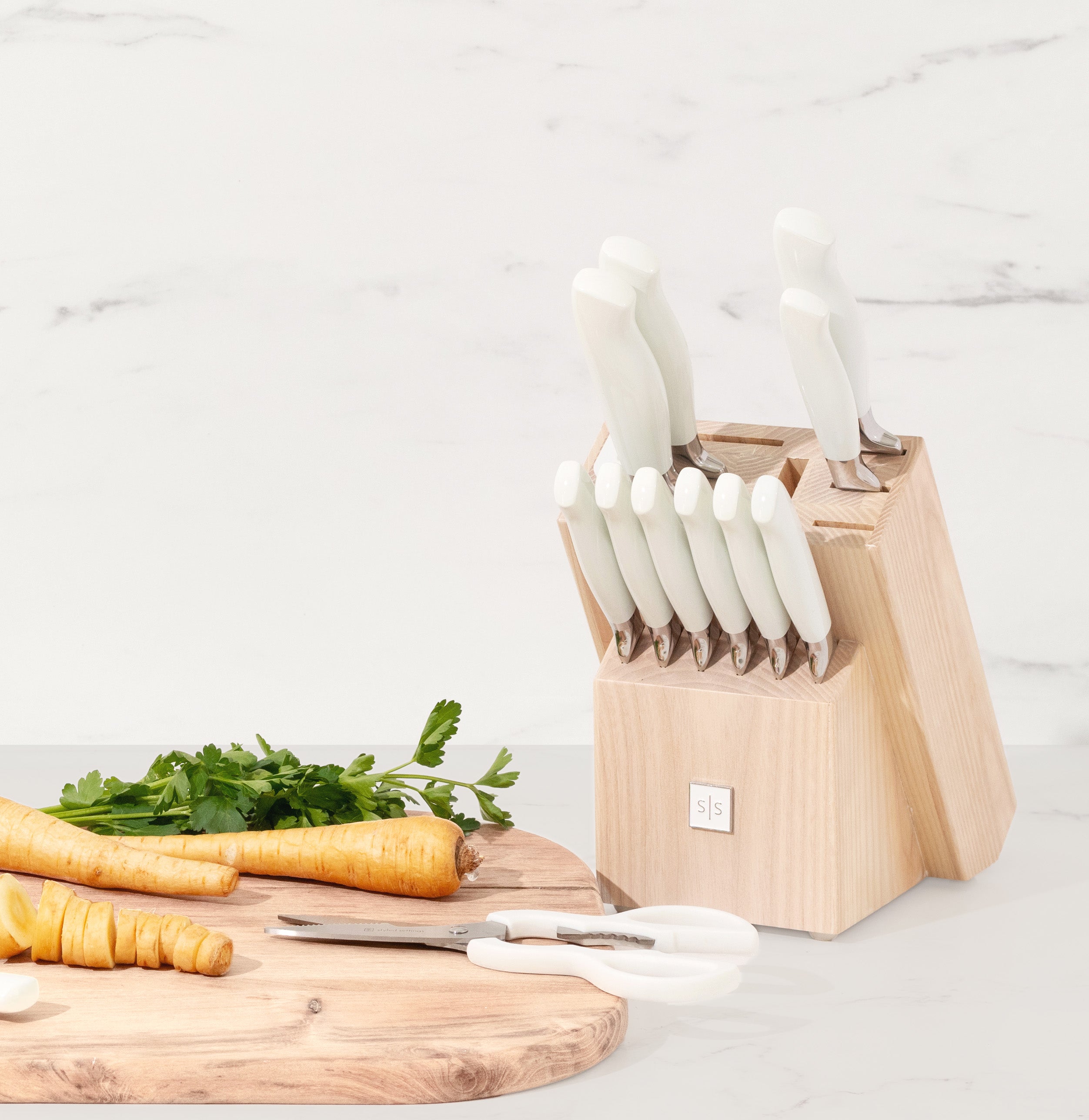 White and Silver Knife Set with Ashwood Self-Sharpening Block - Styled Settings