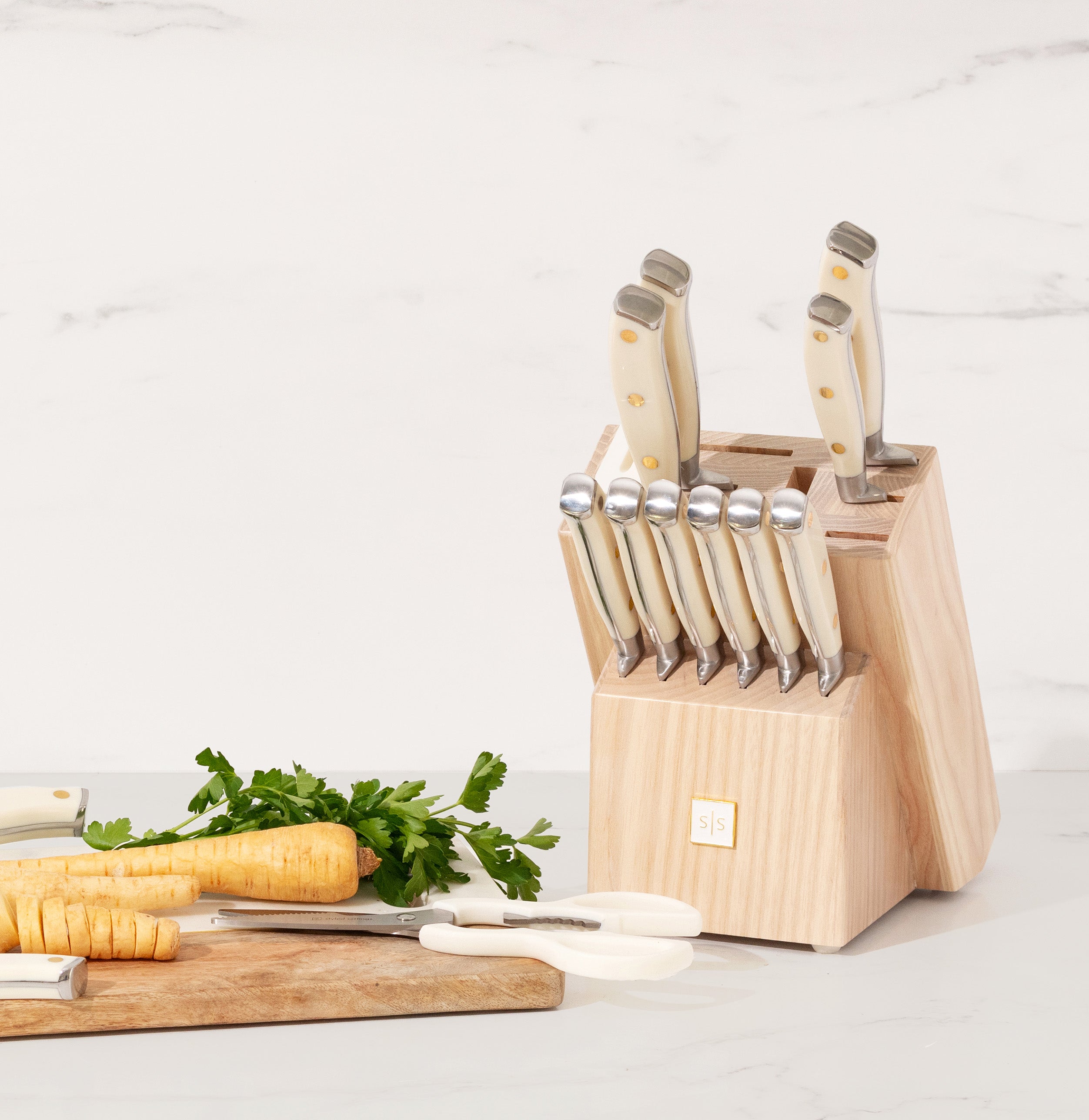 White and Silver Riveted Knife Set with Ashwood Self-Sharpening Block - Styled Settings
