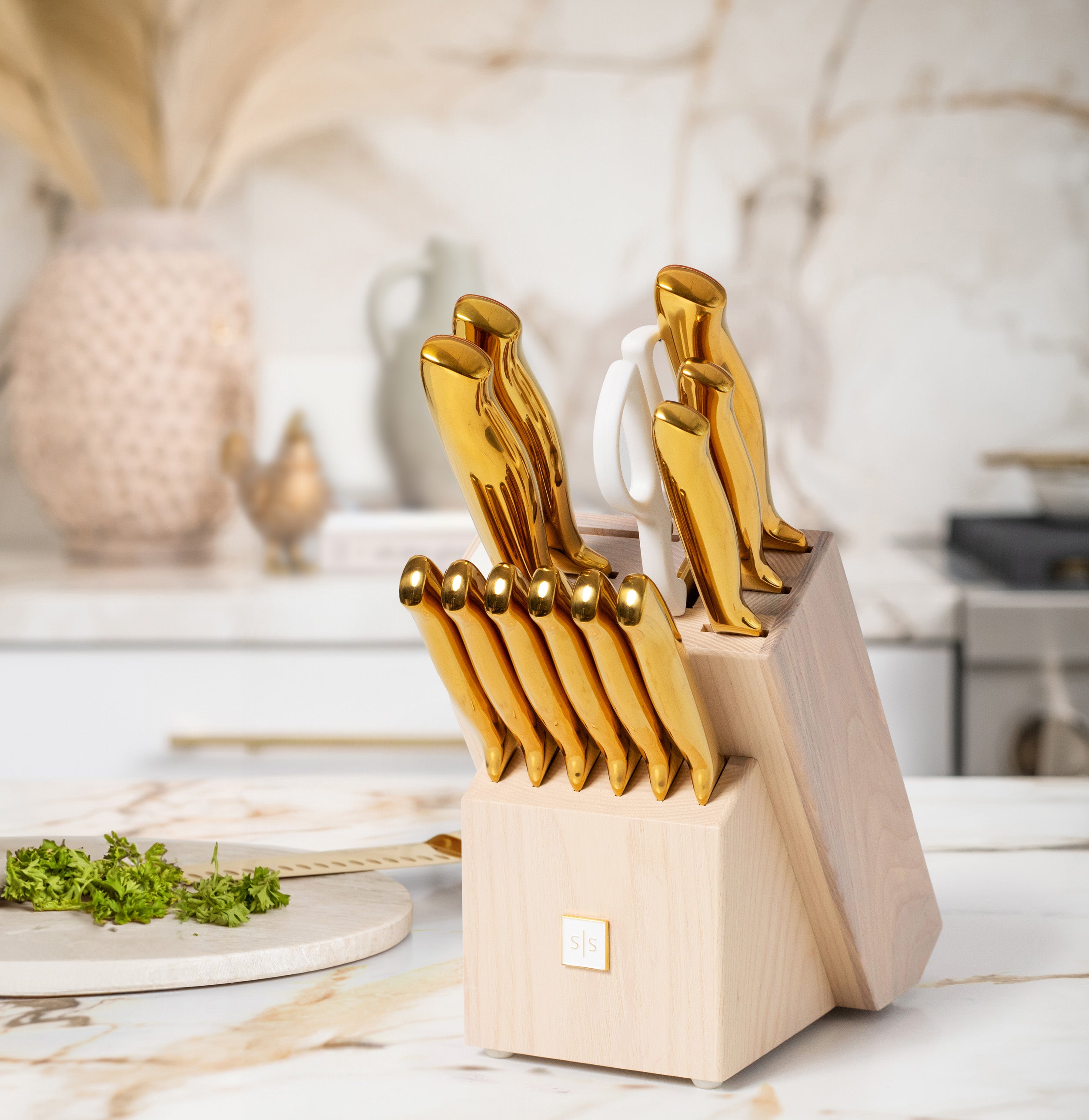 Gold Knife Set with Ashwood Self-Sharpening Block - Styled Settings