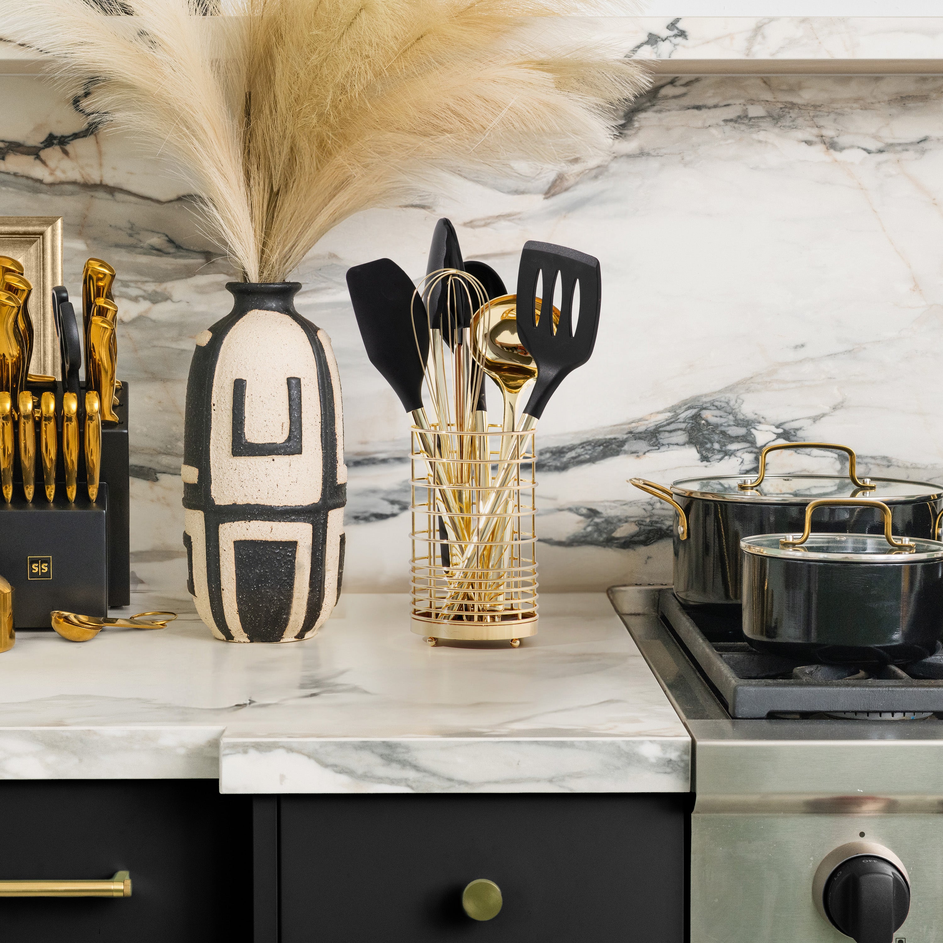 Black and Light Gold Kitchen Utensils Set with Holder