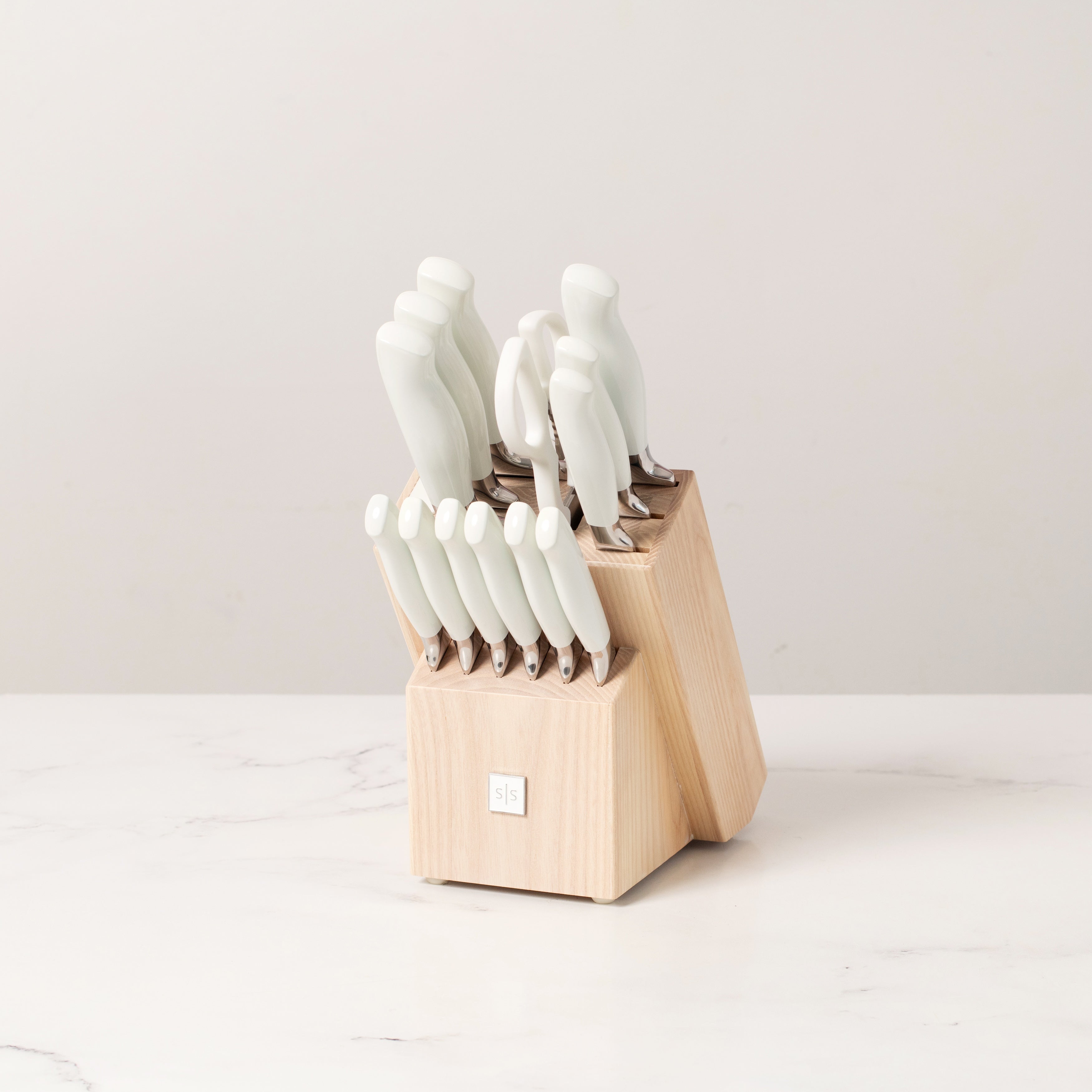 White and Silver Knife Set with Ashwood Self-Sharpening Block - Styled Settings