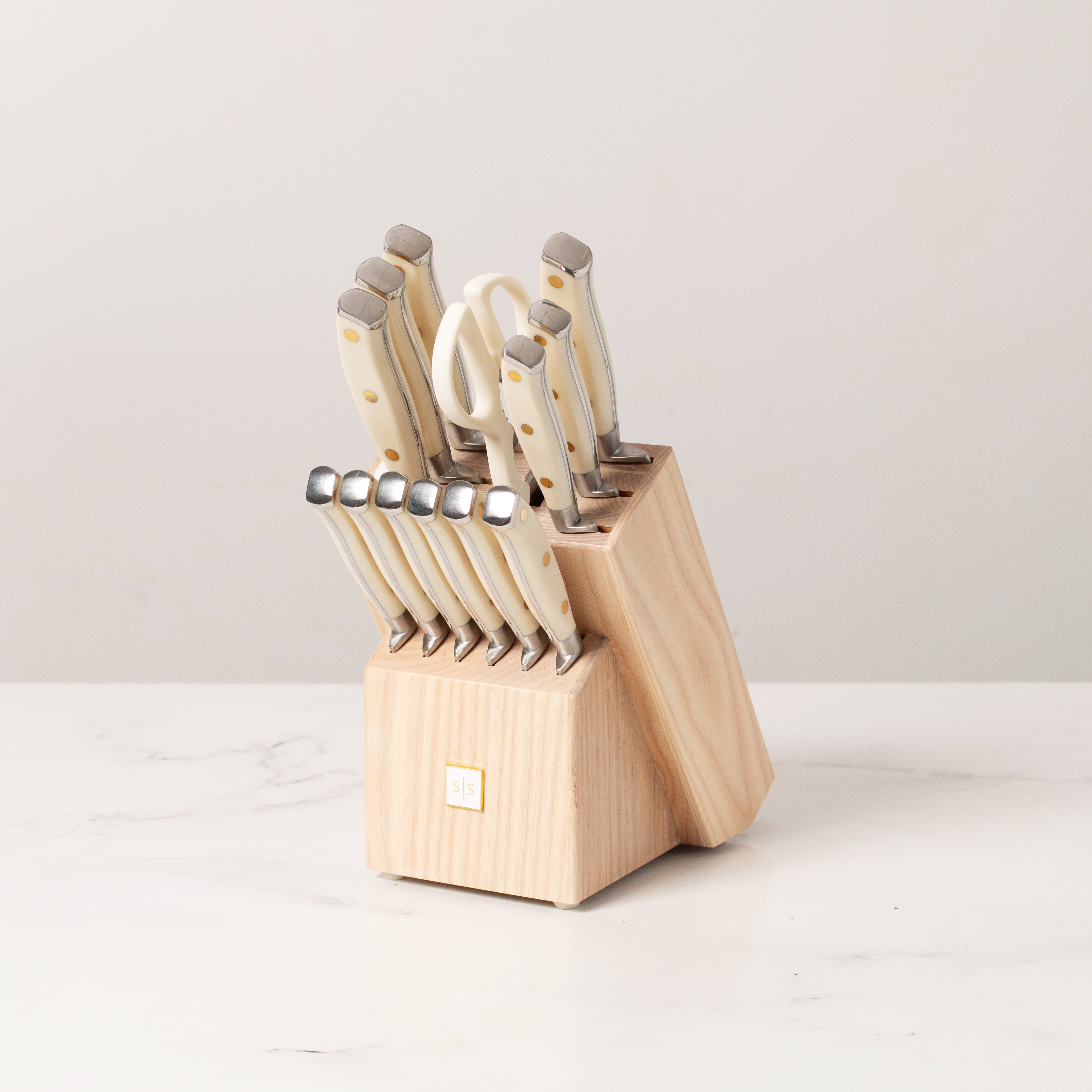 White and Silver Riveted Knife Set with Ashwood Self-Sharpening Block - Styled Settings