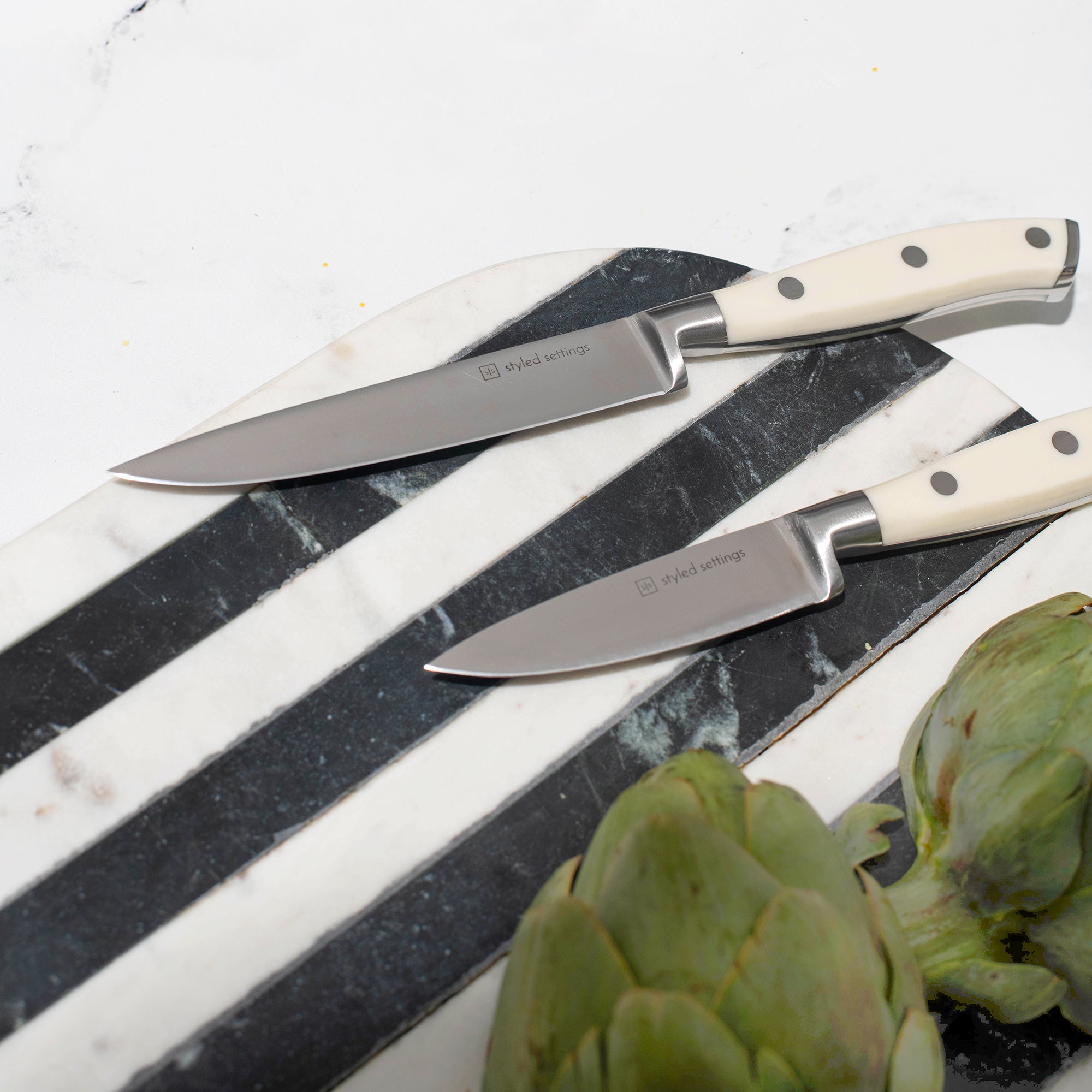 White and Silver Knife Set with Self-Sharpening Block - Styled Settings