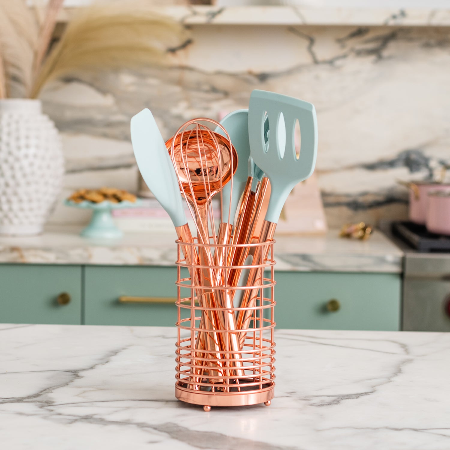 Copper and Teal Kitchen Utensils Set with Holder - Styled Settings