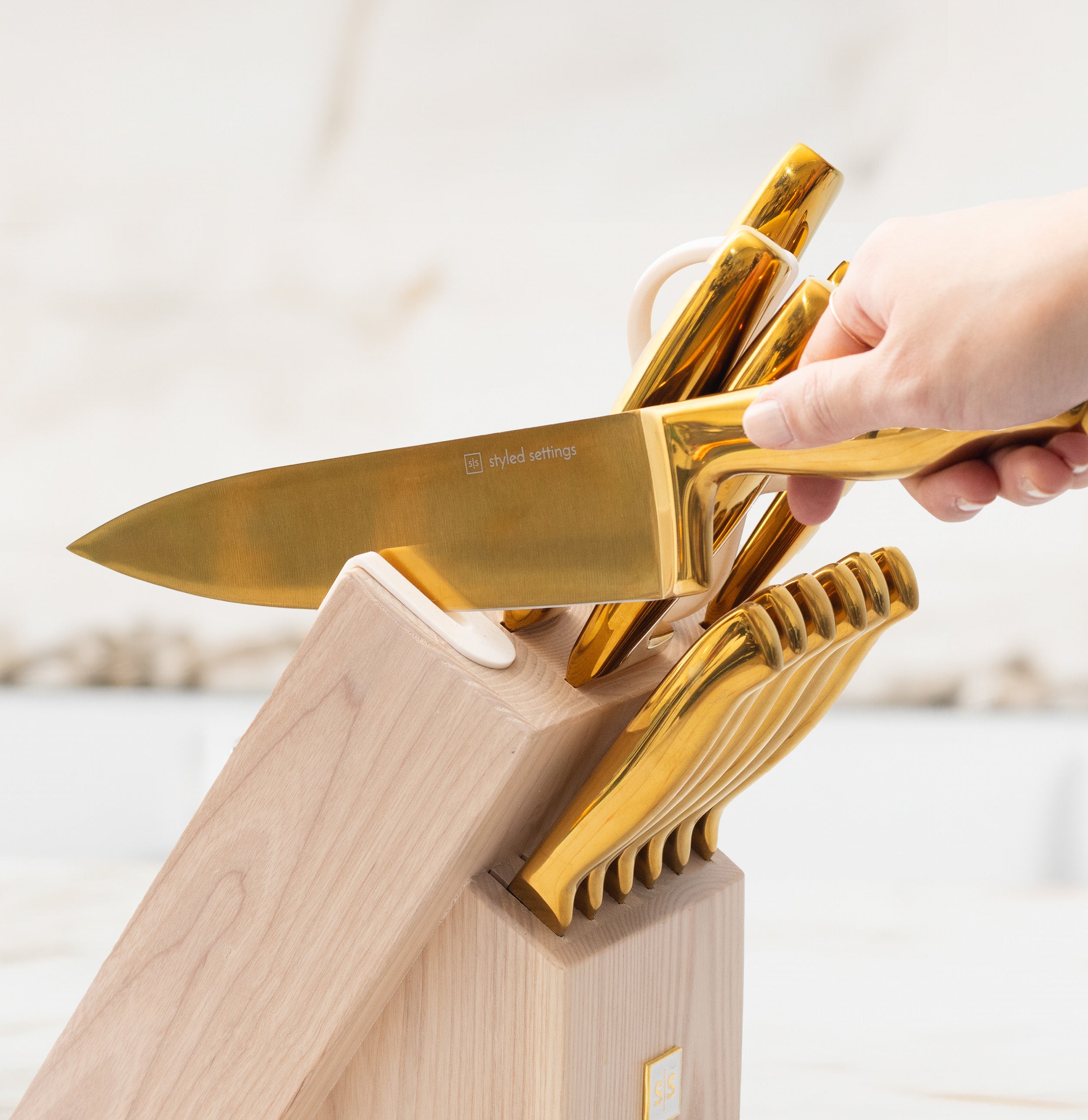 Gold Knife Set with Ashwood Self-Sharpening Block - Styled Settings