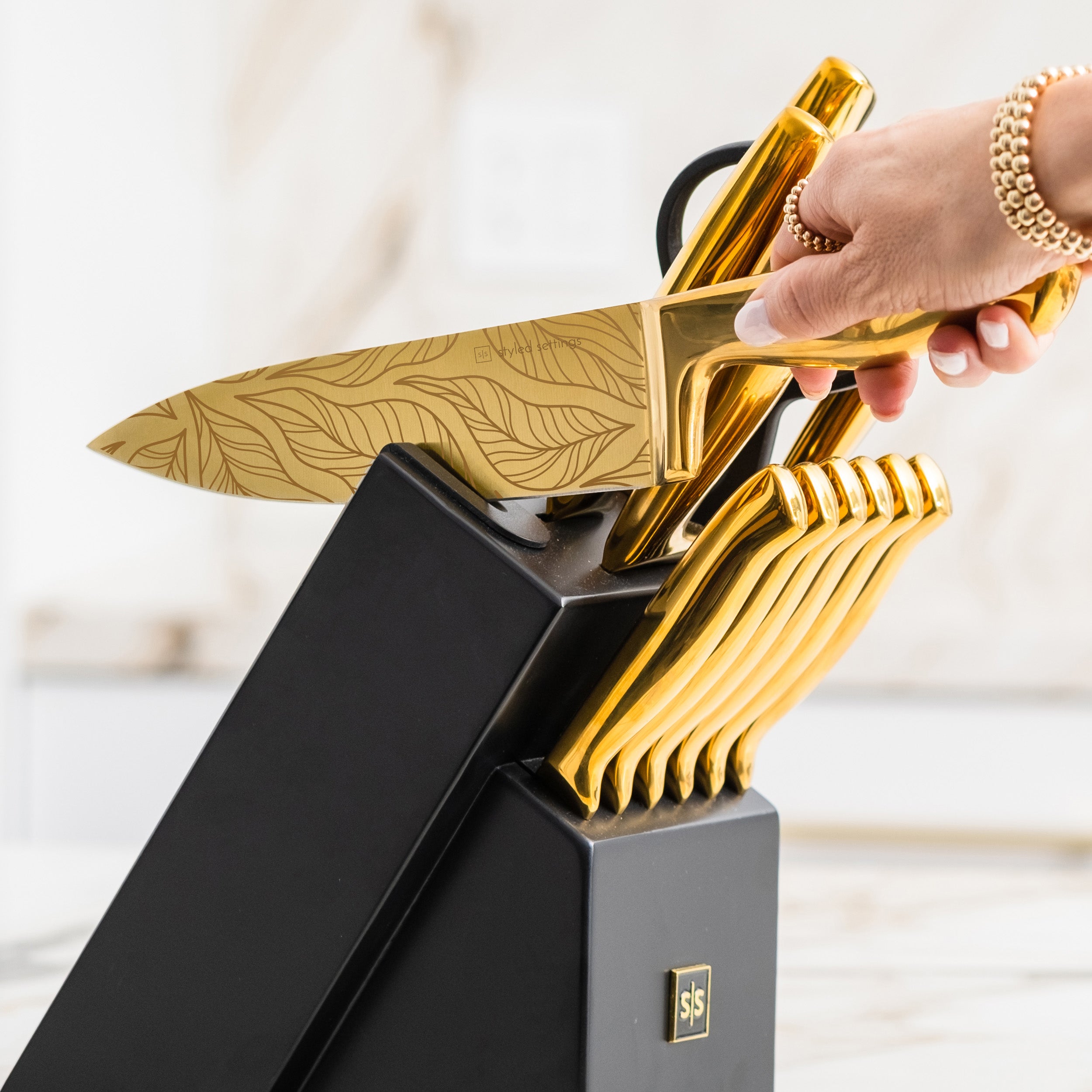 Patterned Gold Knife Set with Black Self-Sharpening Block