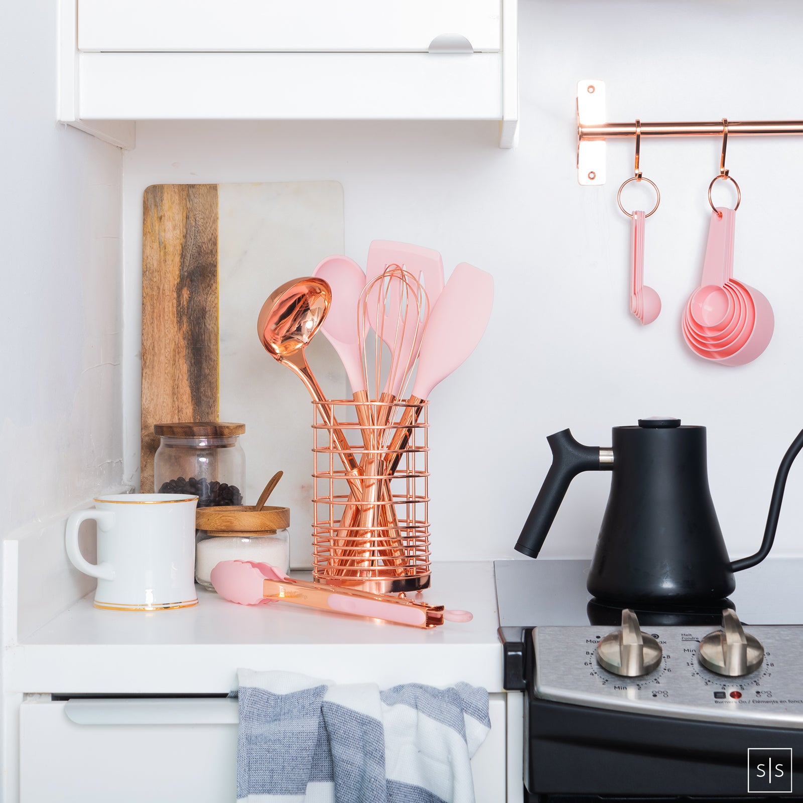 Pink and Copper Kitchen Utensils Set with Holder