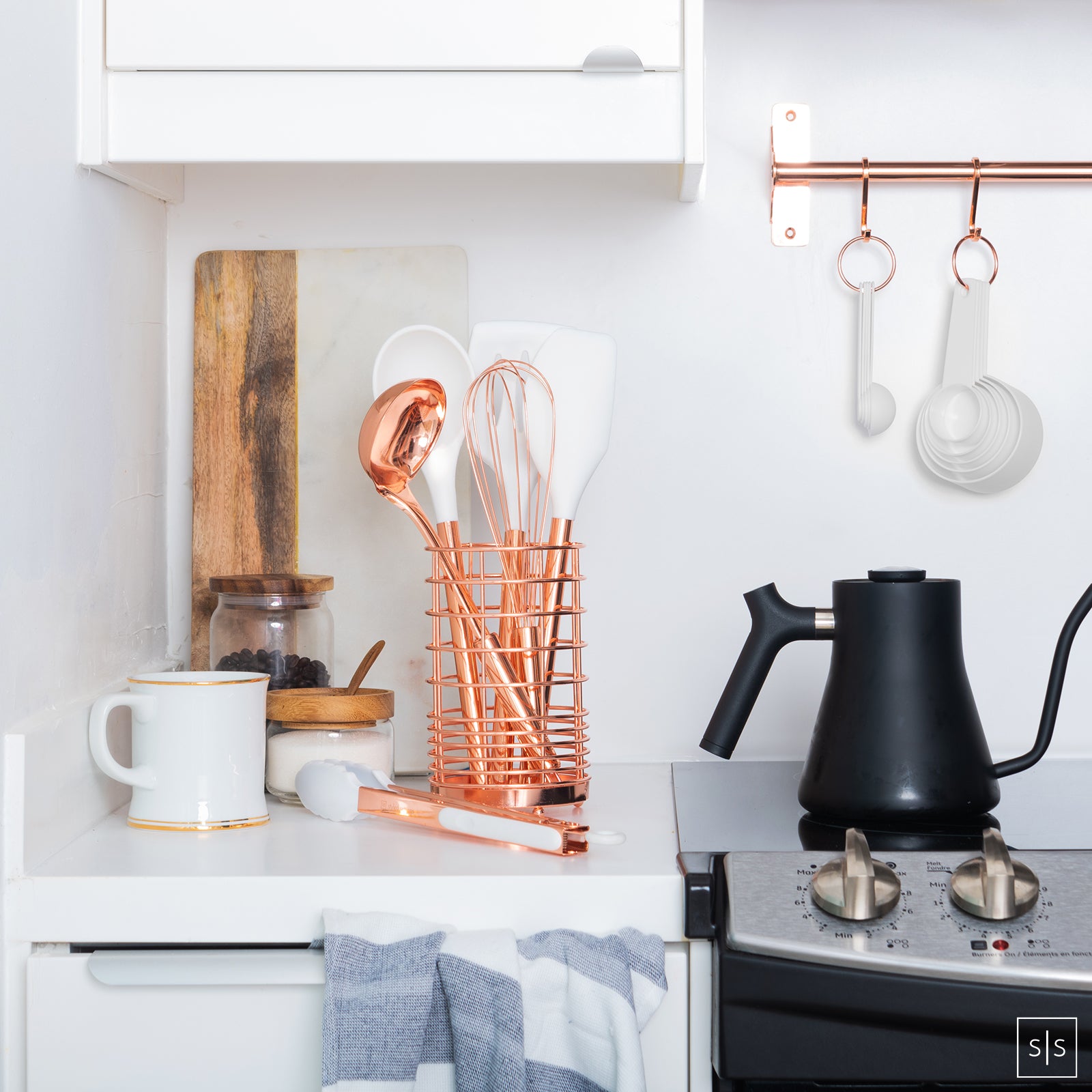 White and Copper Kitchen Utensils Set with Holder