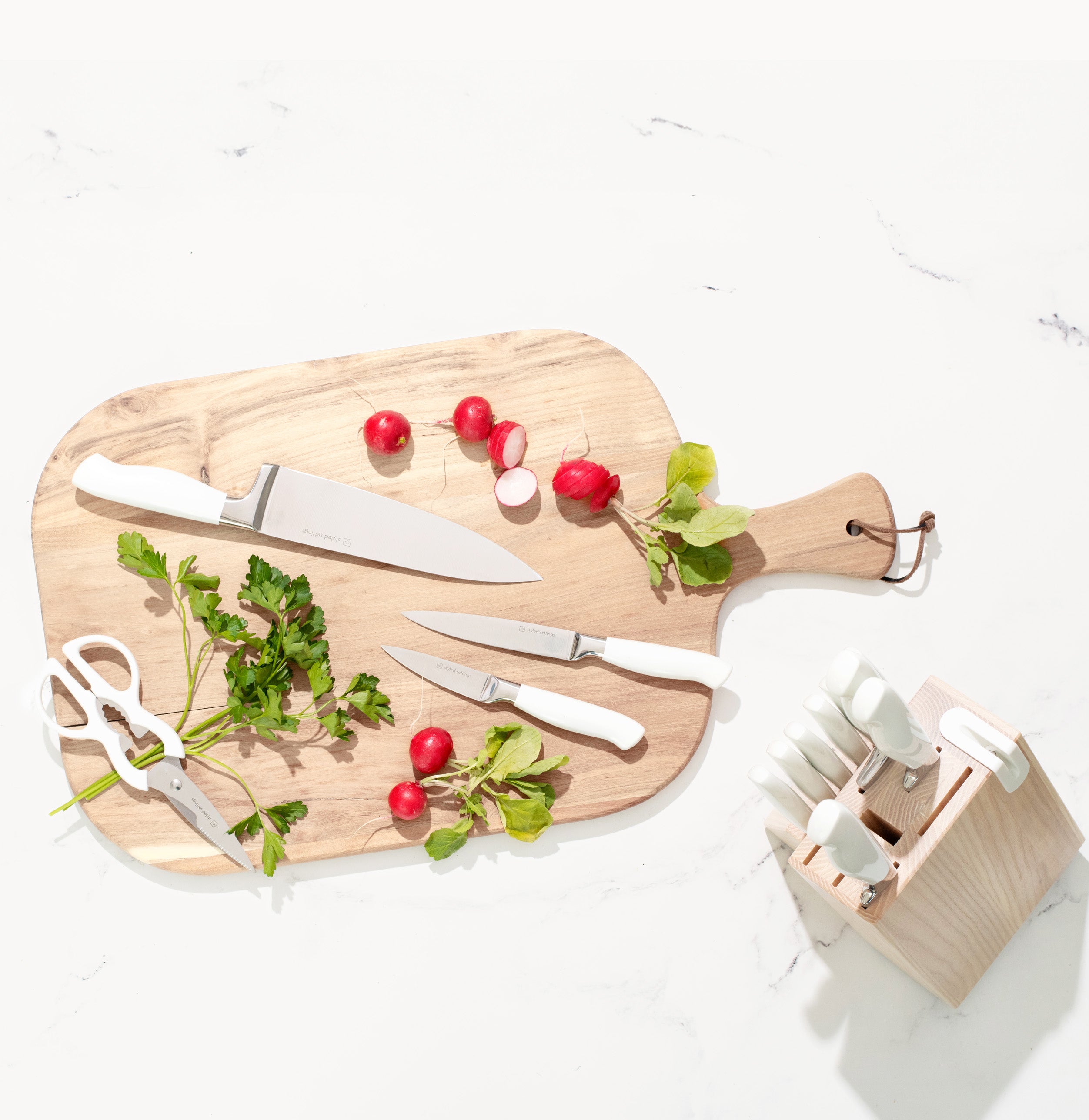 White and Silver Knife Set with Ashwood Self-Sharpening Block - Styled Settings