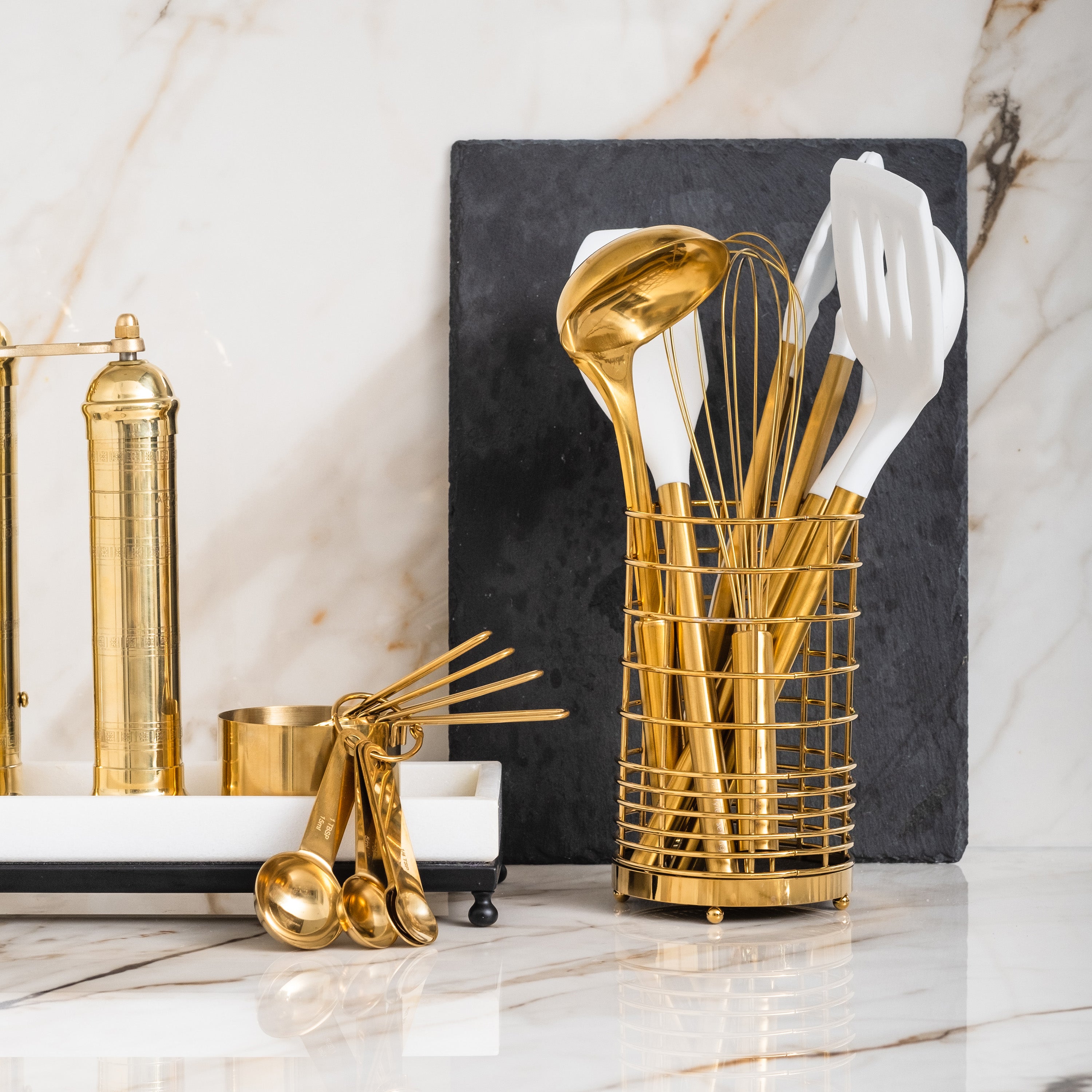 White and Vintage Gold Kitchen Utensils Duo - Styled Settings