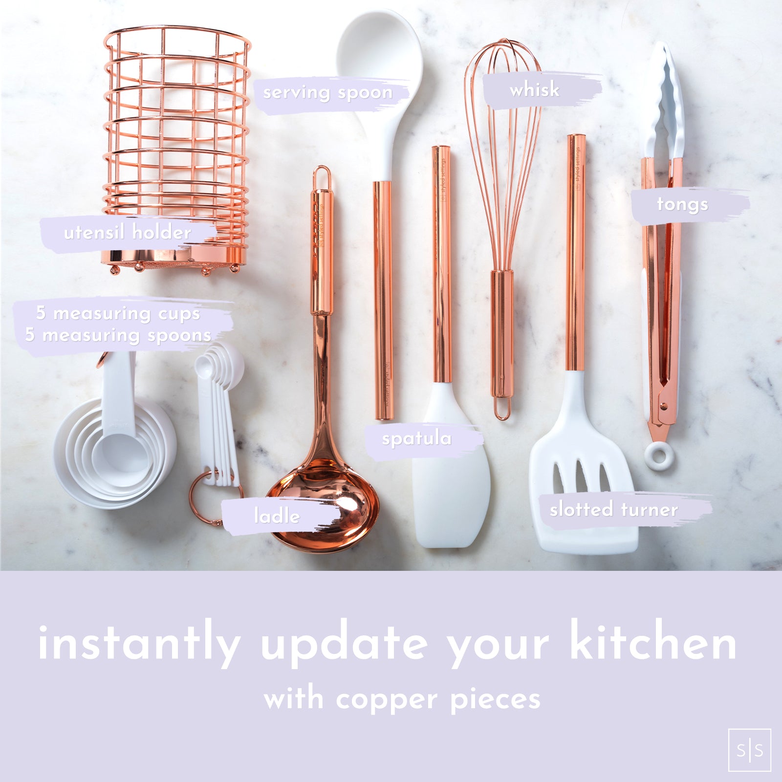 White and Copper Kitchen Utensils Set with Holder