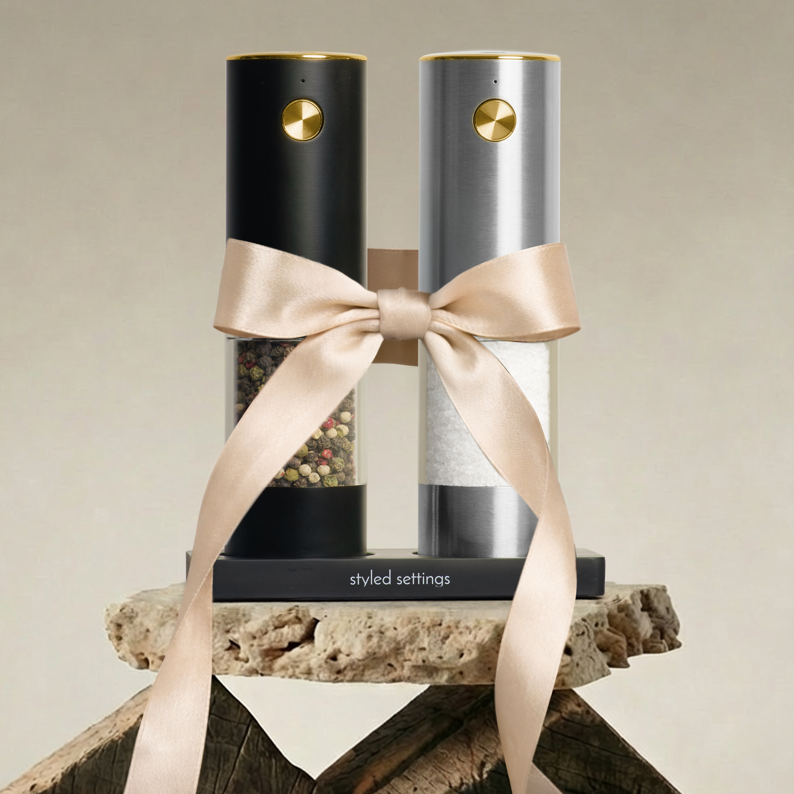 Black and Silver Rechargeable Electric Salt and Pepper Mill Set