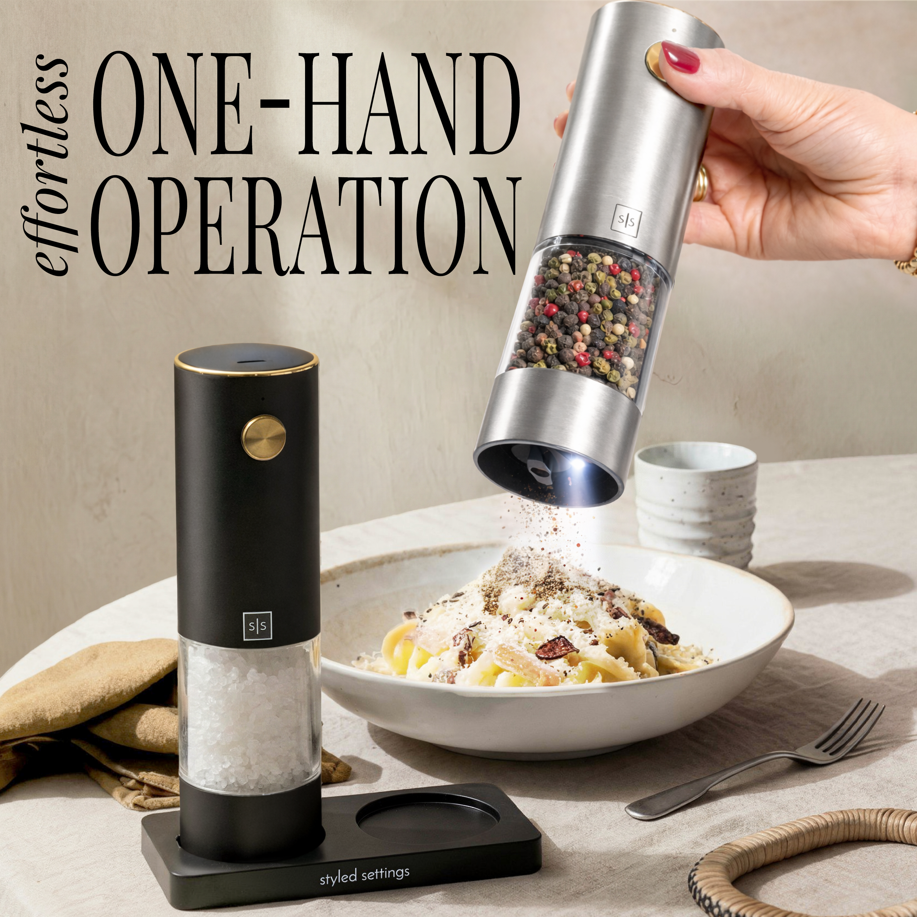 Black and Silver Rechargeable Electric Salt and Pepper Mill Set