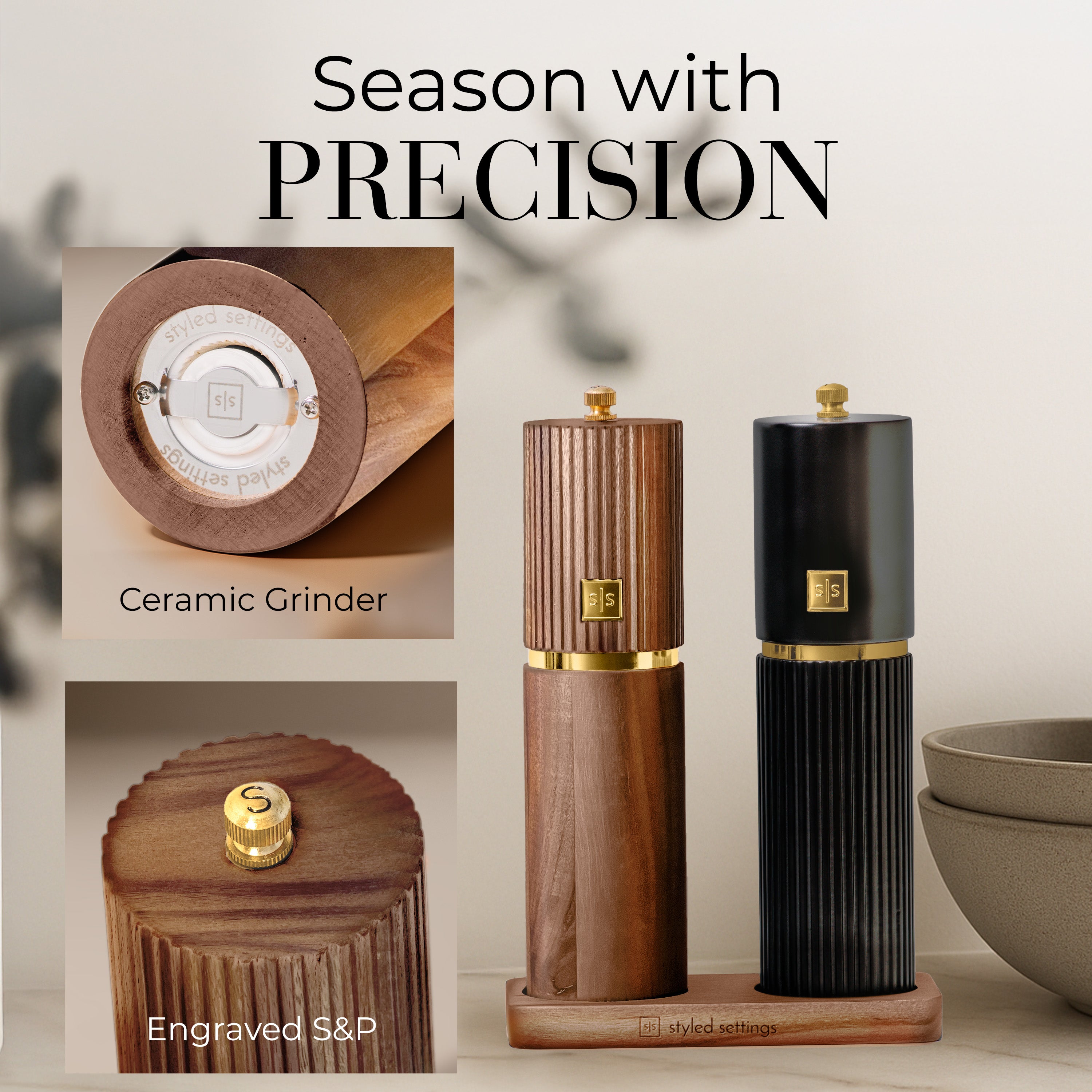 Acacia and Black Salt and Pepper Mill Set