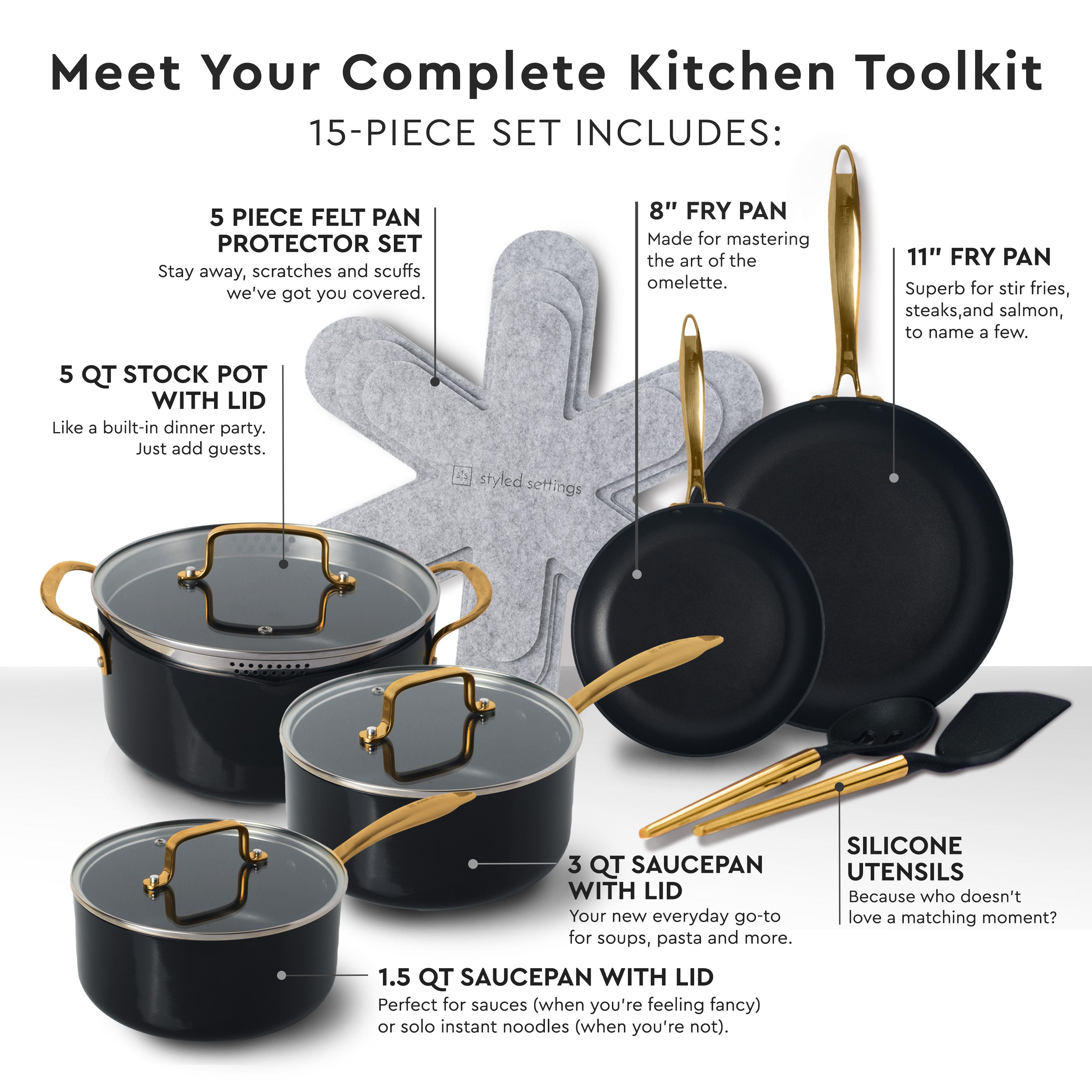 Black and Gold Nonstick Pots and Pans Set - Styled Settings