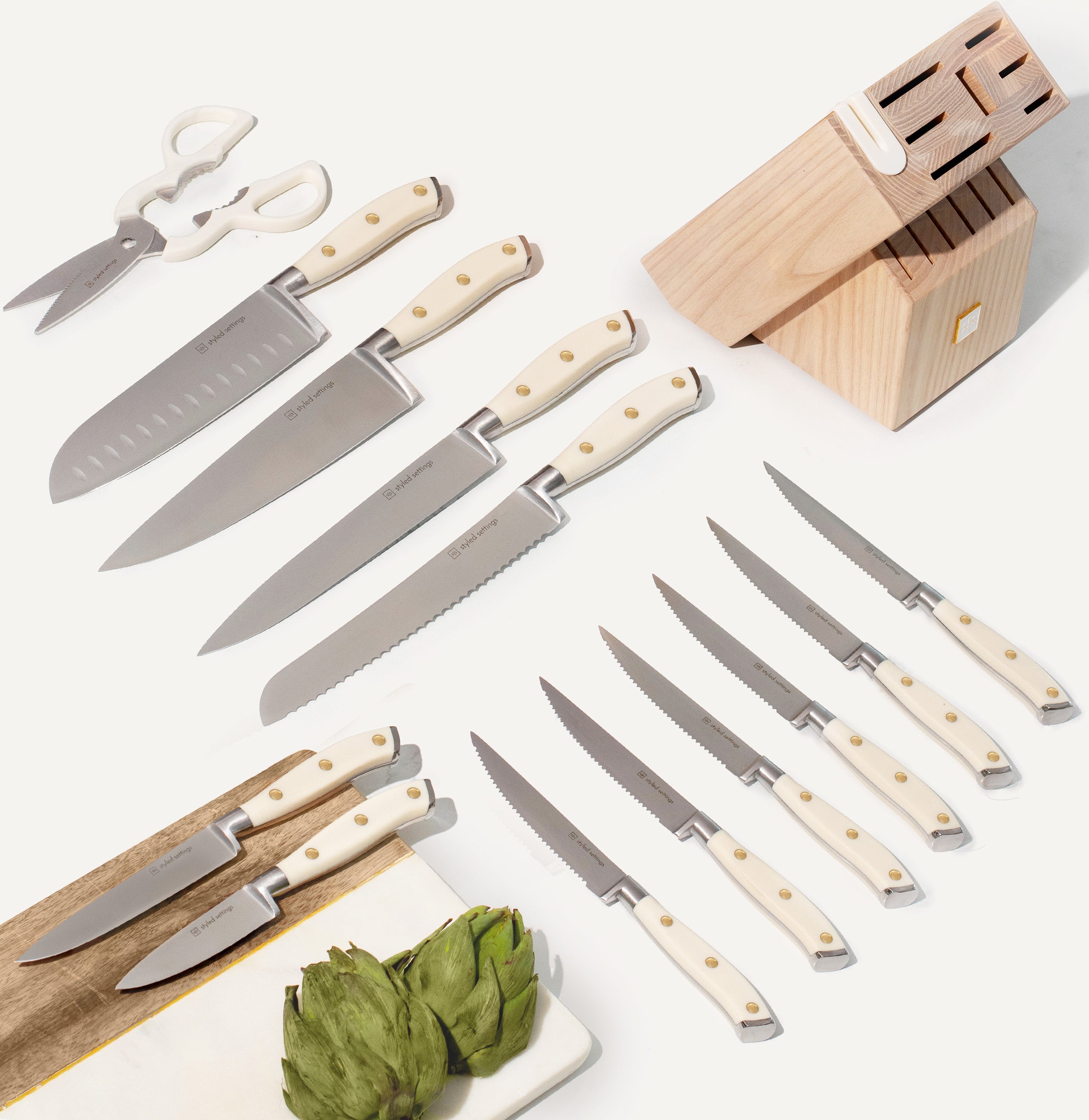 White and Silver Riveted Knife Set with Ashwood Self-Sharpening Block - Styled Settings