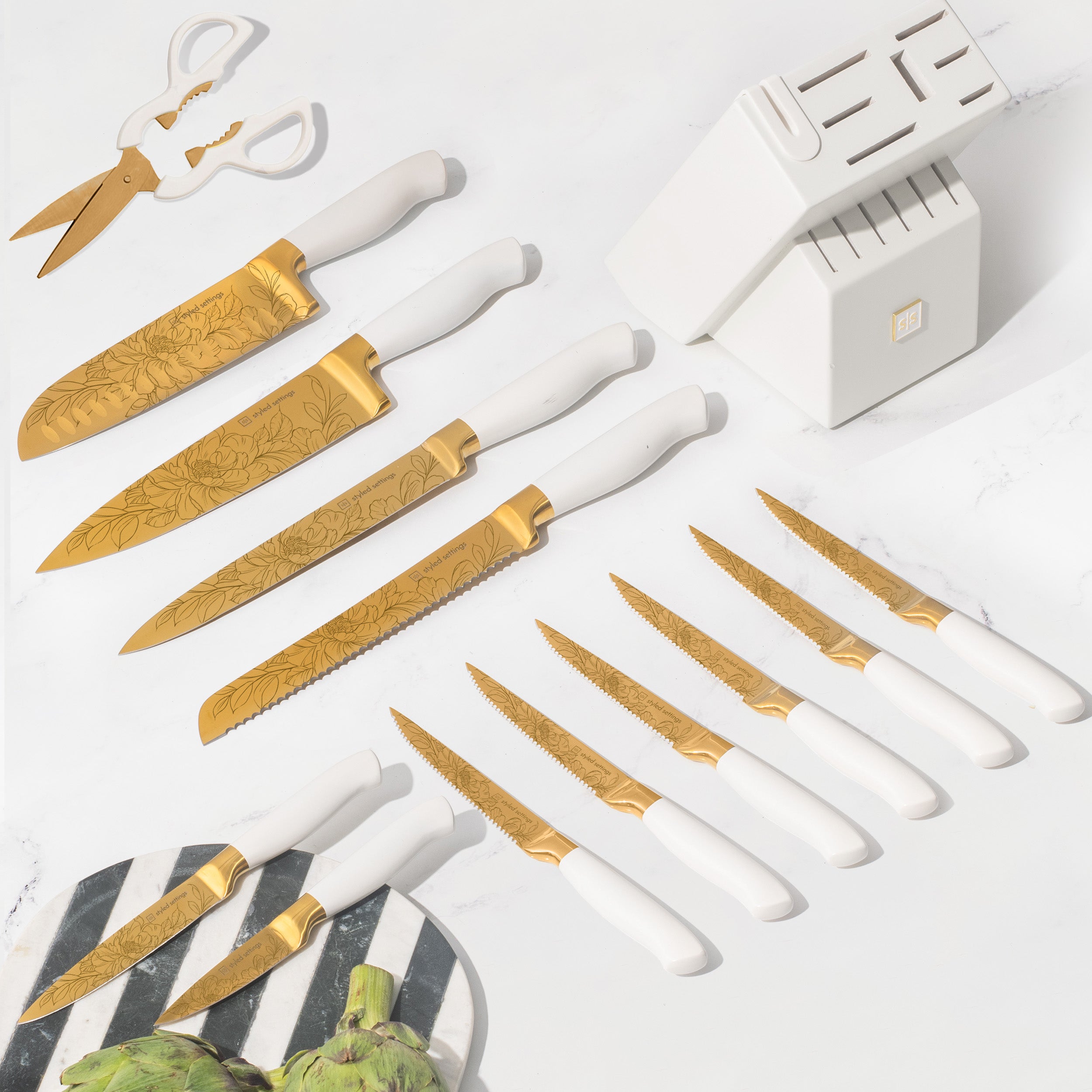 Patterned White and Gold Knife Set with White Self-Sharpening Block