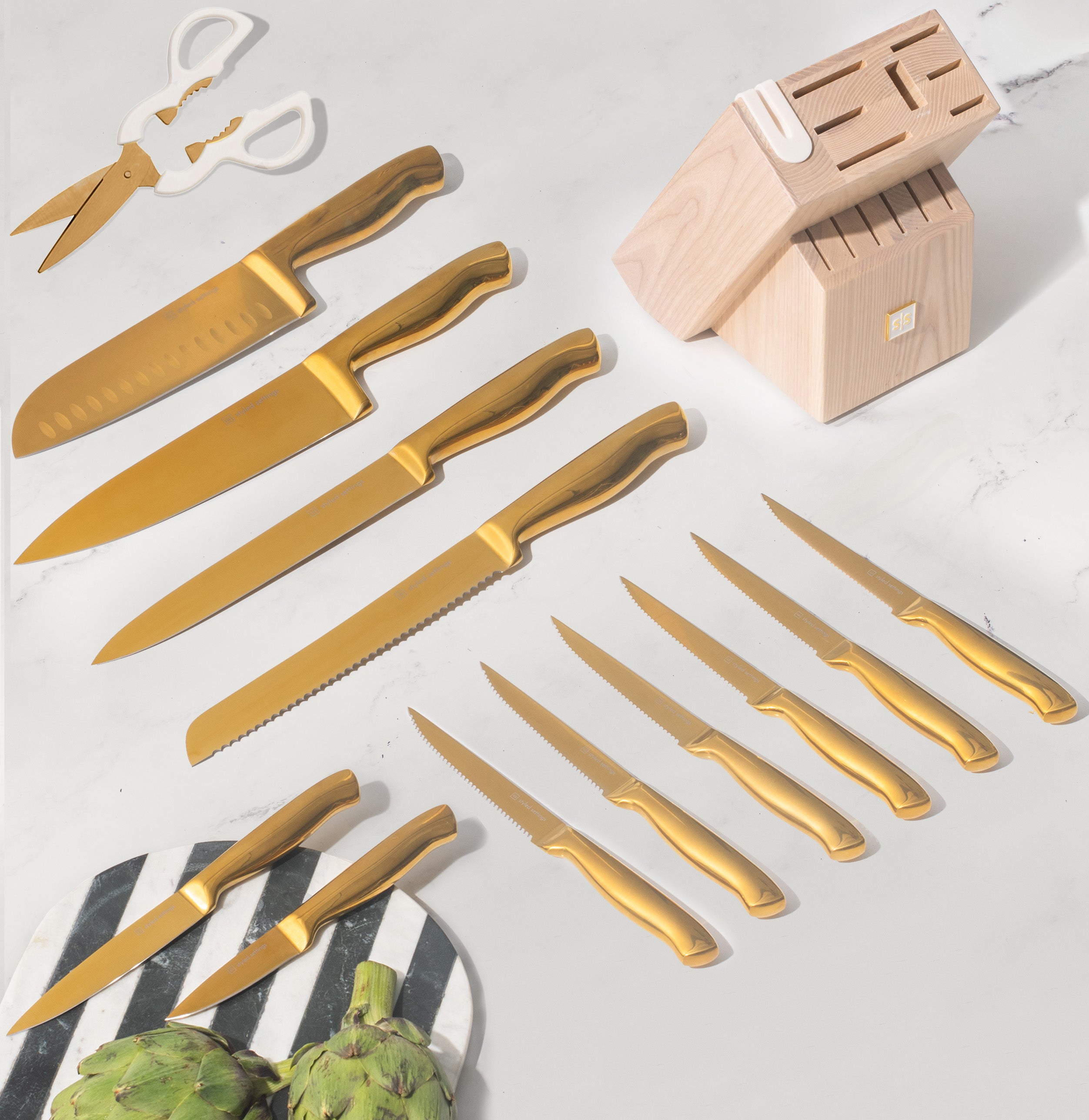 Gold Knife Set with Ashwood Self-Sharpening Block - Styled Settings