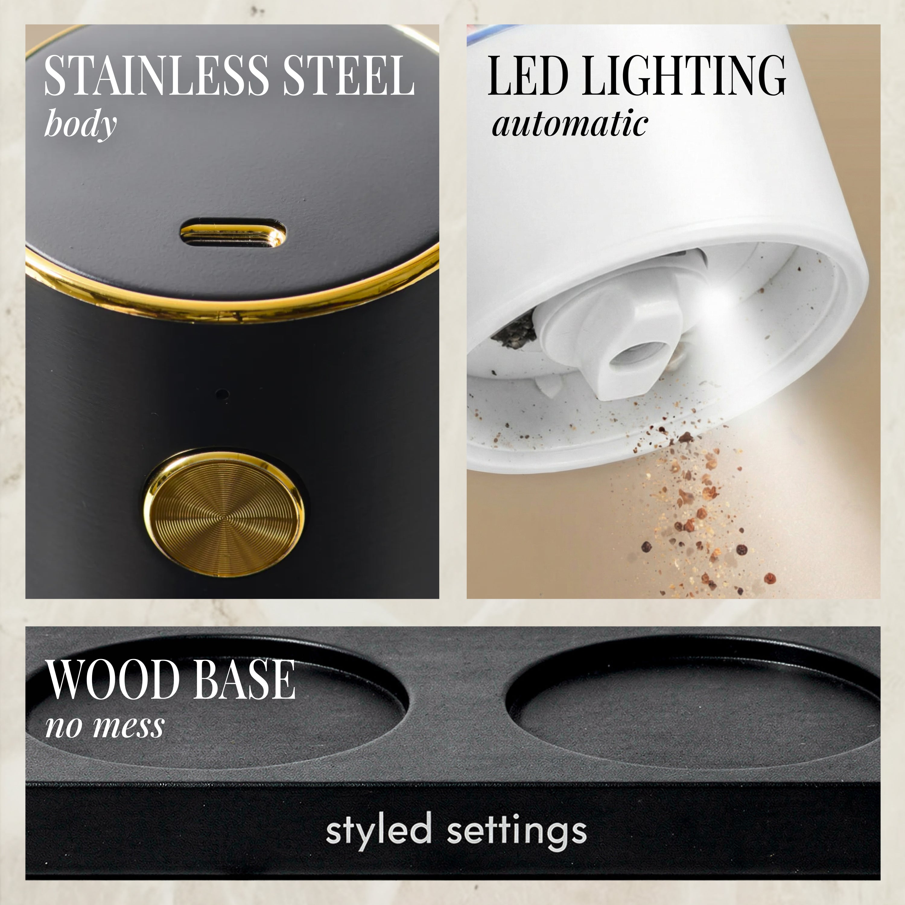 Black and White Rechargeable Electric Salt and Pepper Mill Set