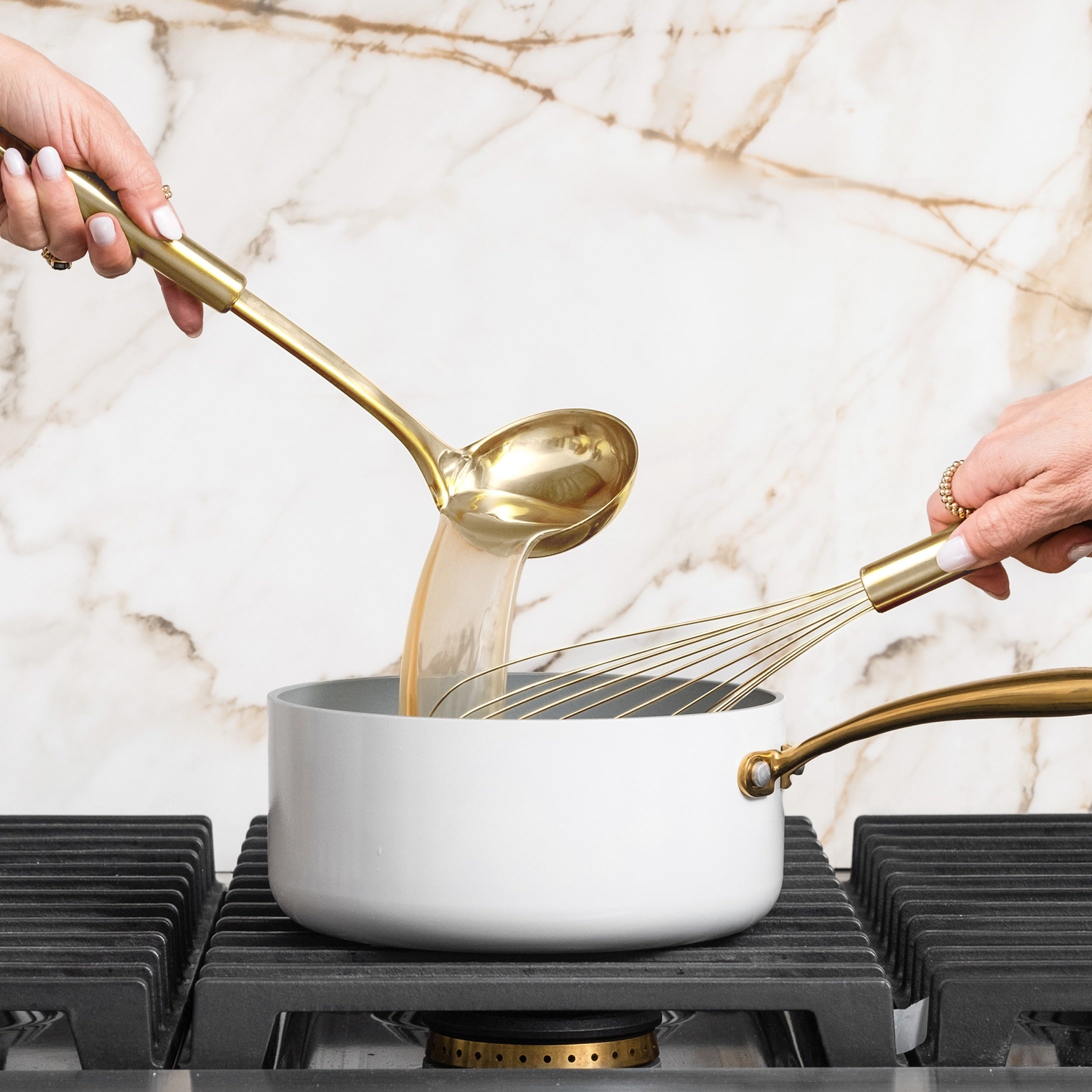 Beige and Light Gold Kitchen Utensils Set with Holder