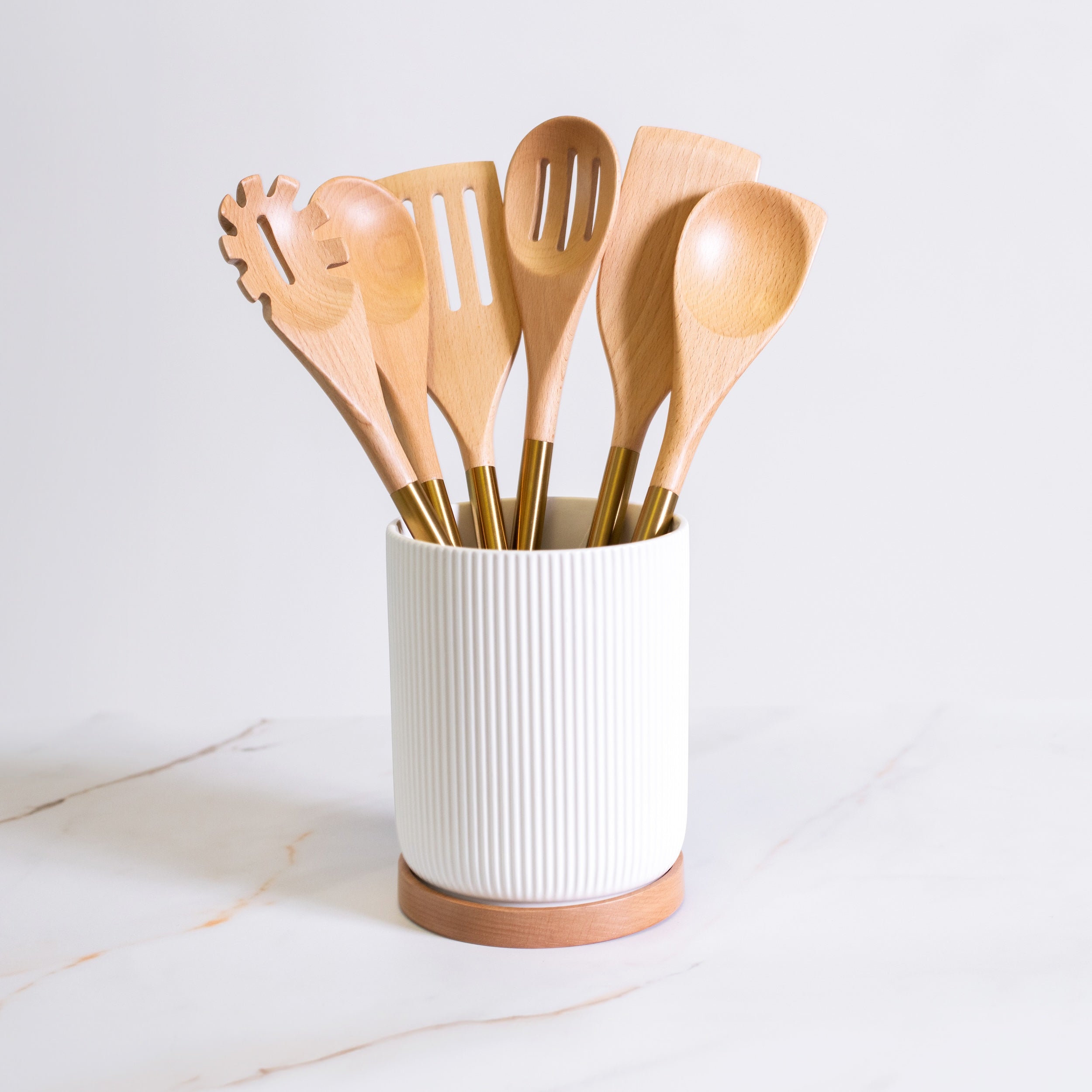 Ceramic and Wood Utensil Holder
