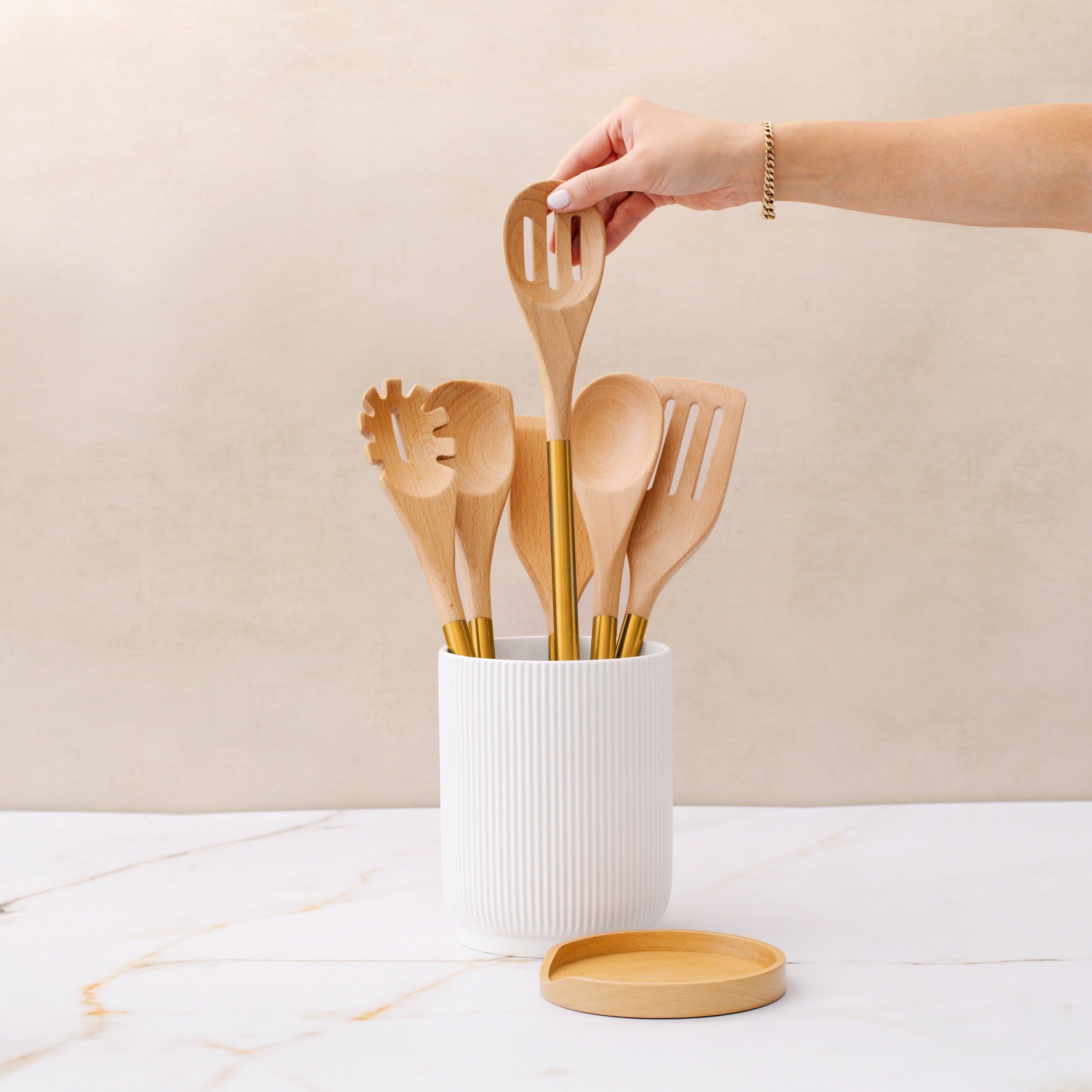 Ceramic and Wood Utensil Holder
