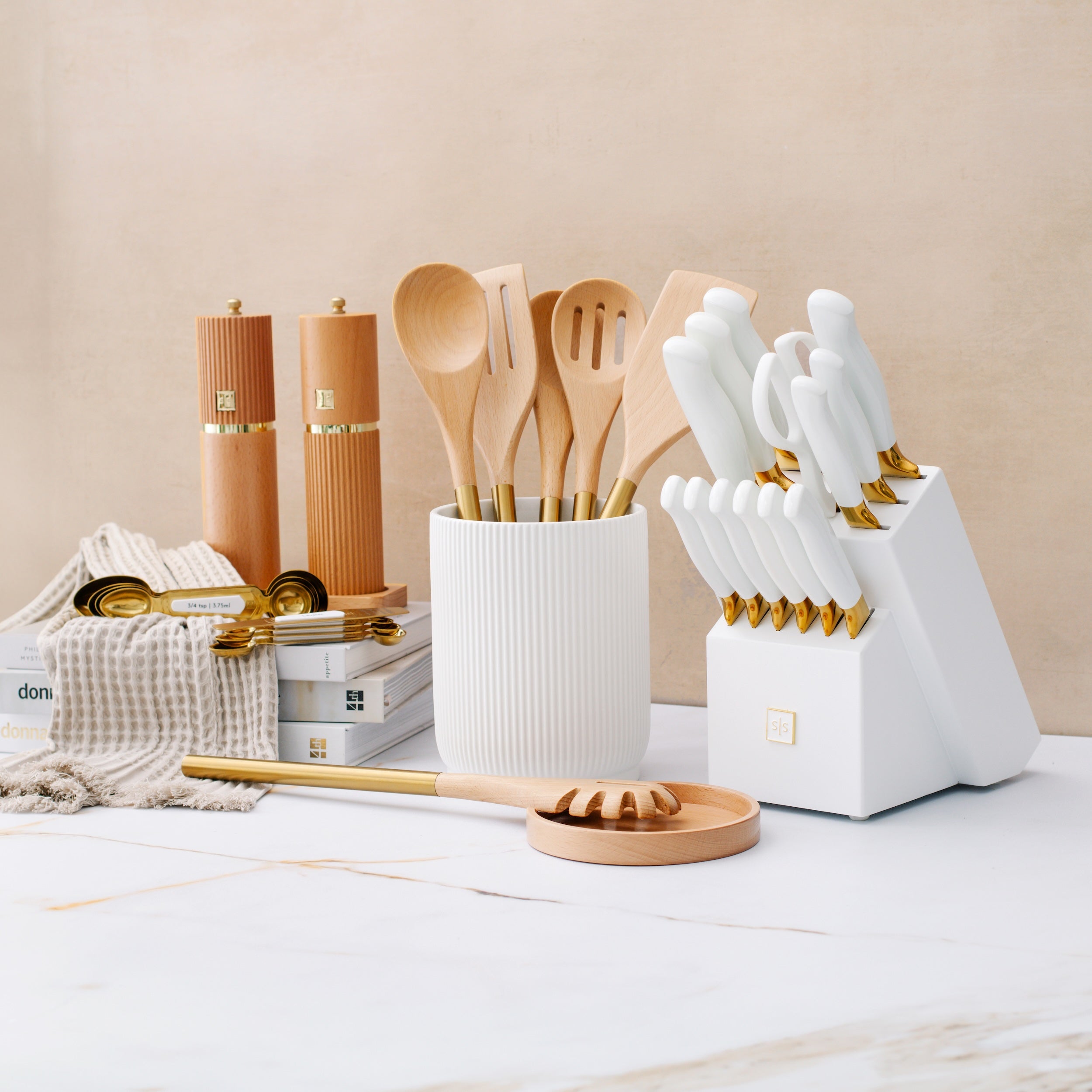 Ceramic and Wood Utensil Holder