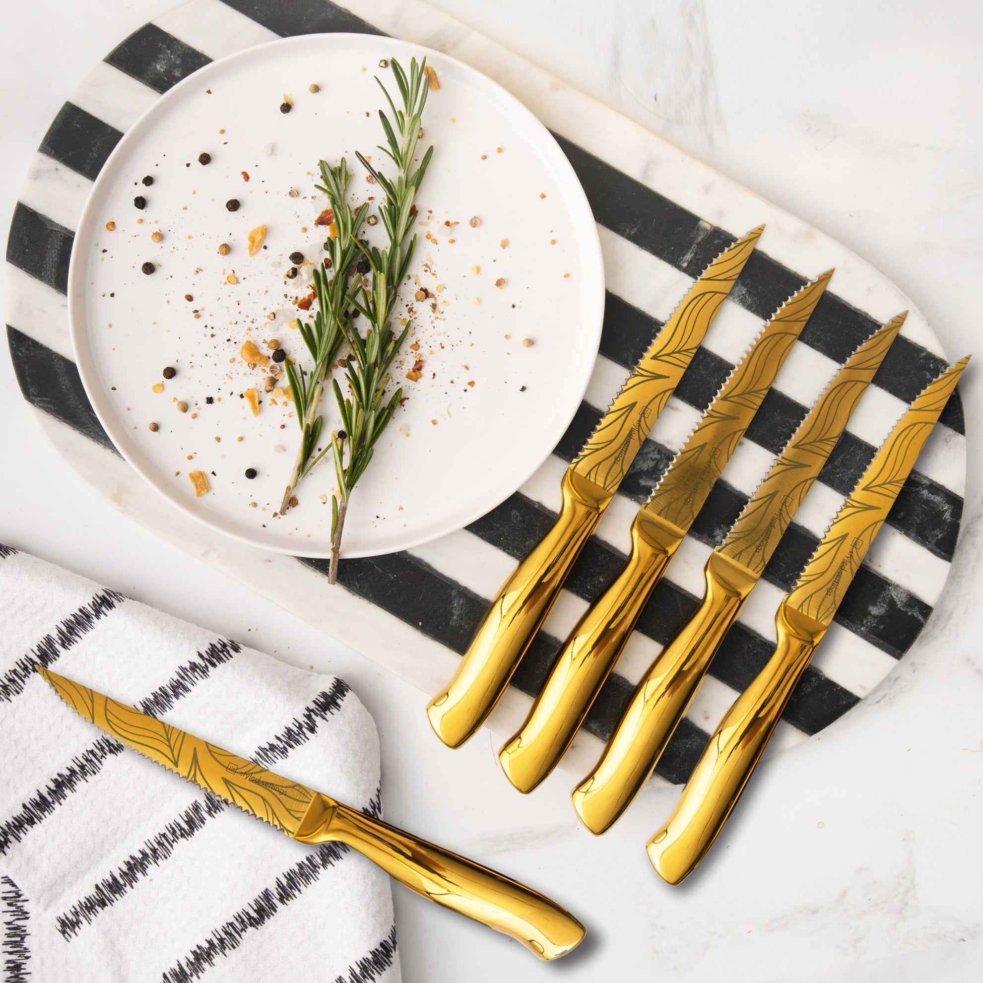 Patterned Gold Knife Set with Black Self-Sharpening Block