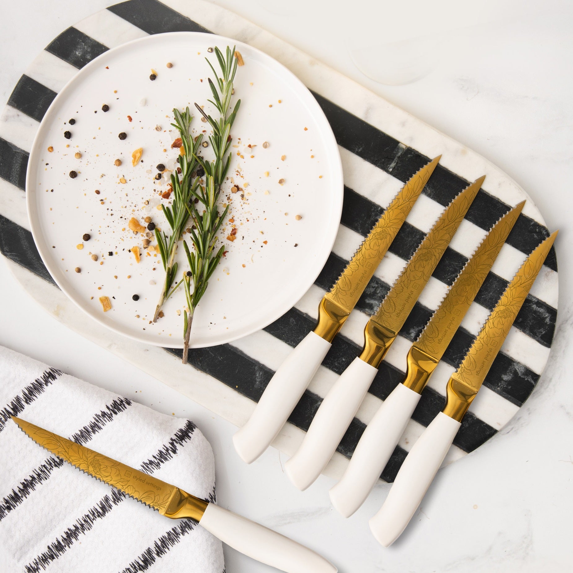 Patterned White and Gold Knife Set with White Self-Sharpening Block