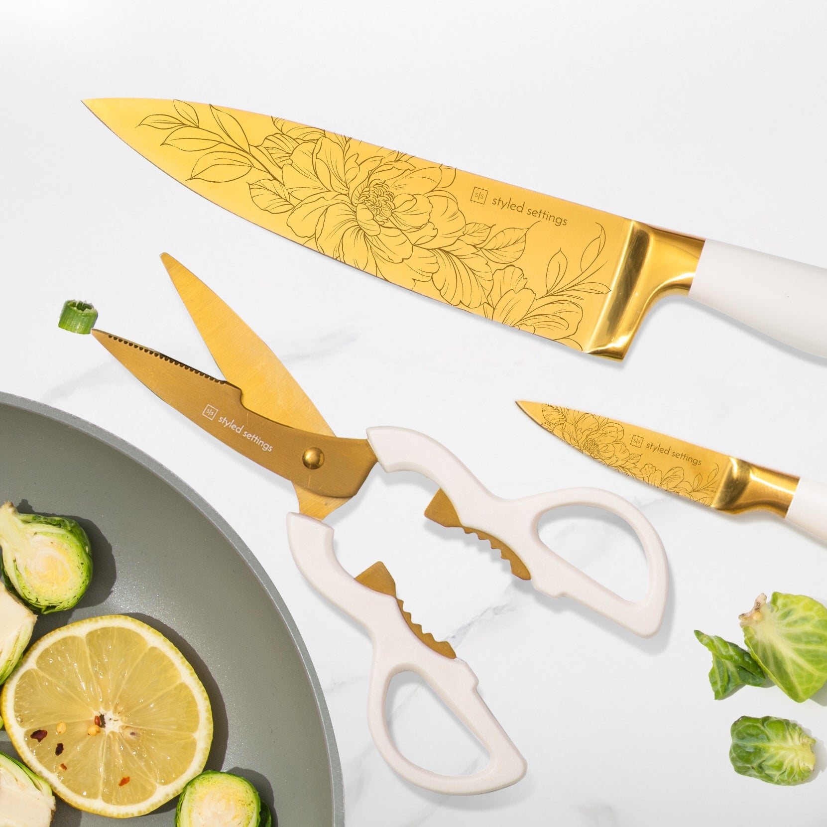 Patterned White and Gold Knife Set with White Self-Sharpening Block