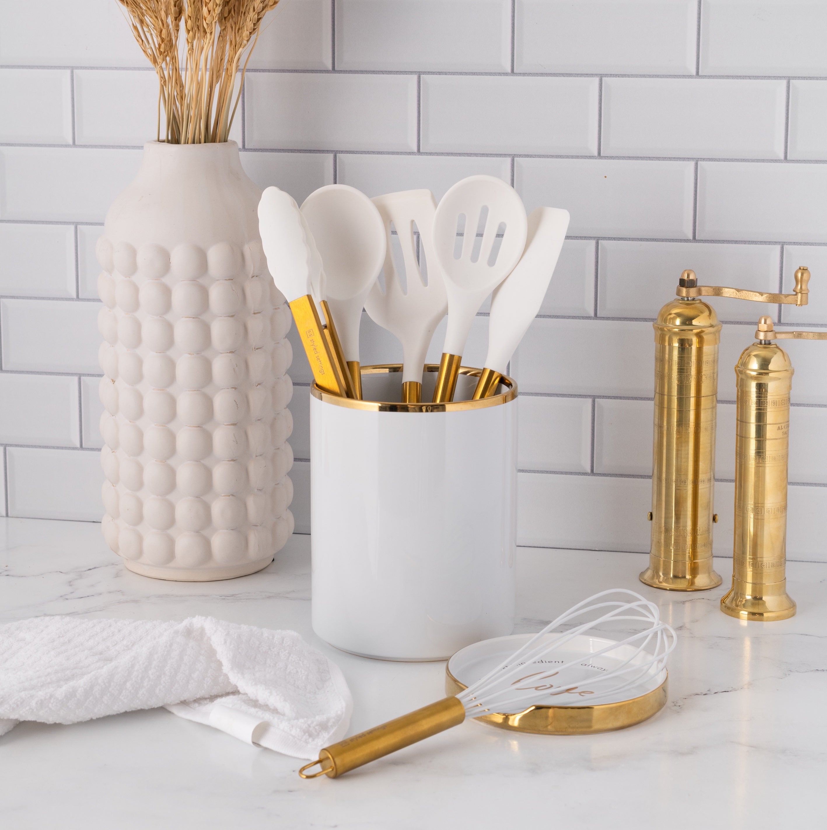 White and Gold Utensil Holder with Built-in Spoon Rest - Styled Settings