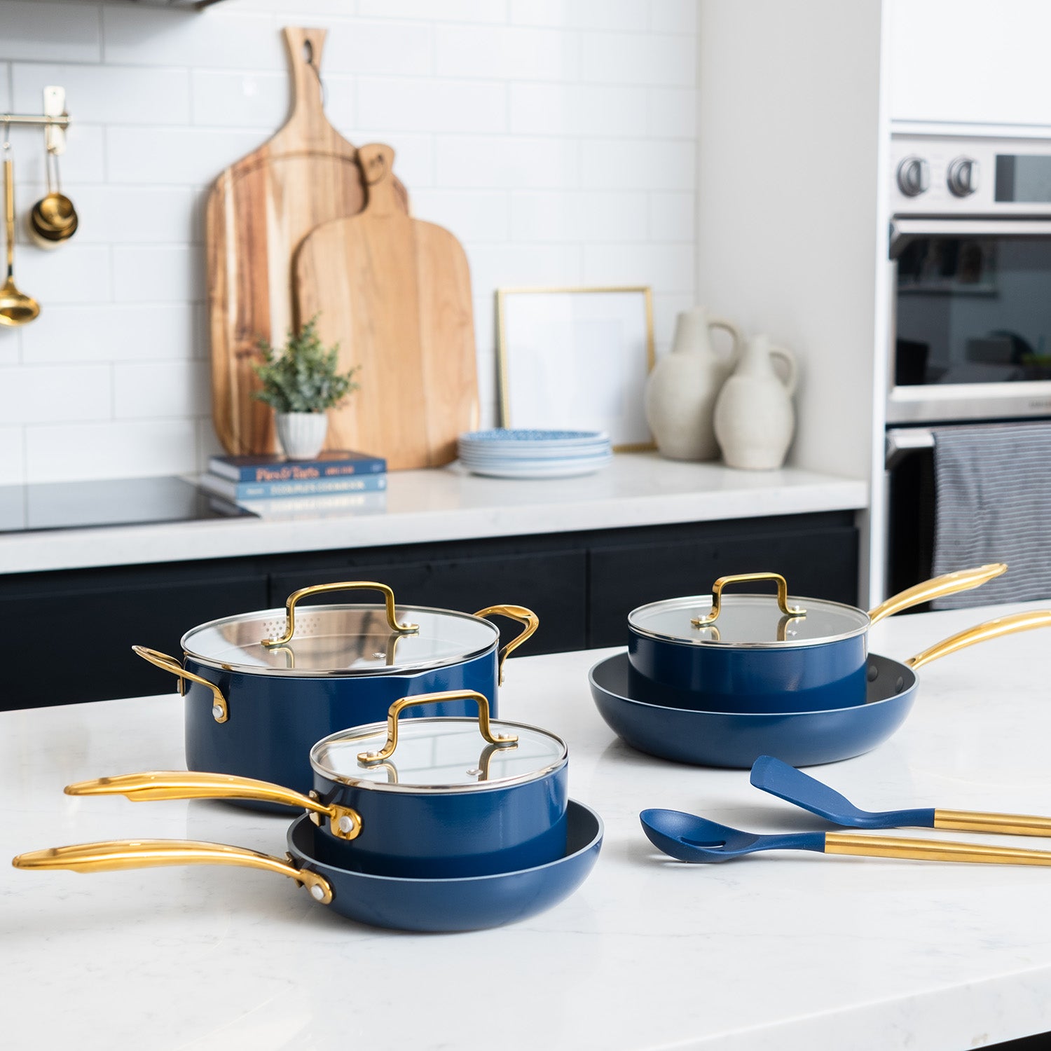 Navy and Gold Nonstick Pots and Pans Set - Styled Settings