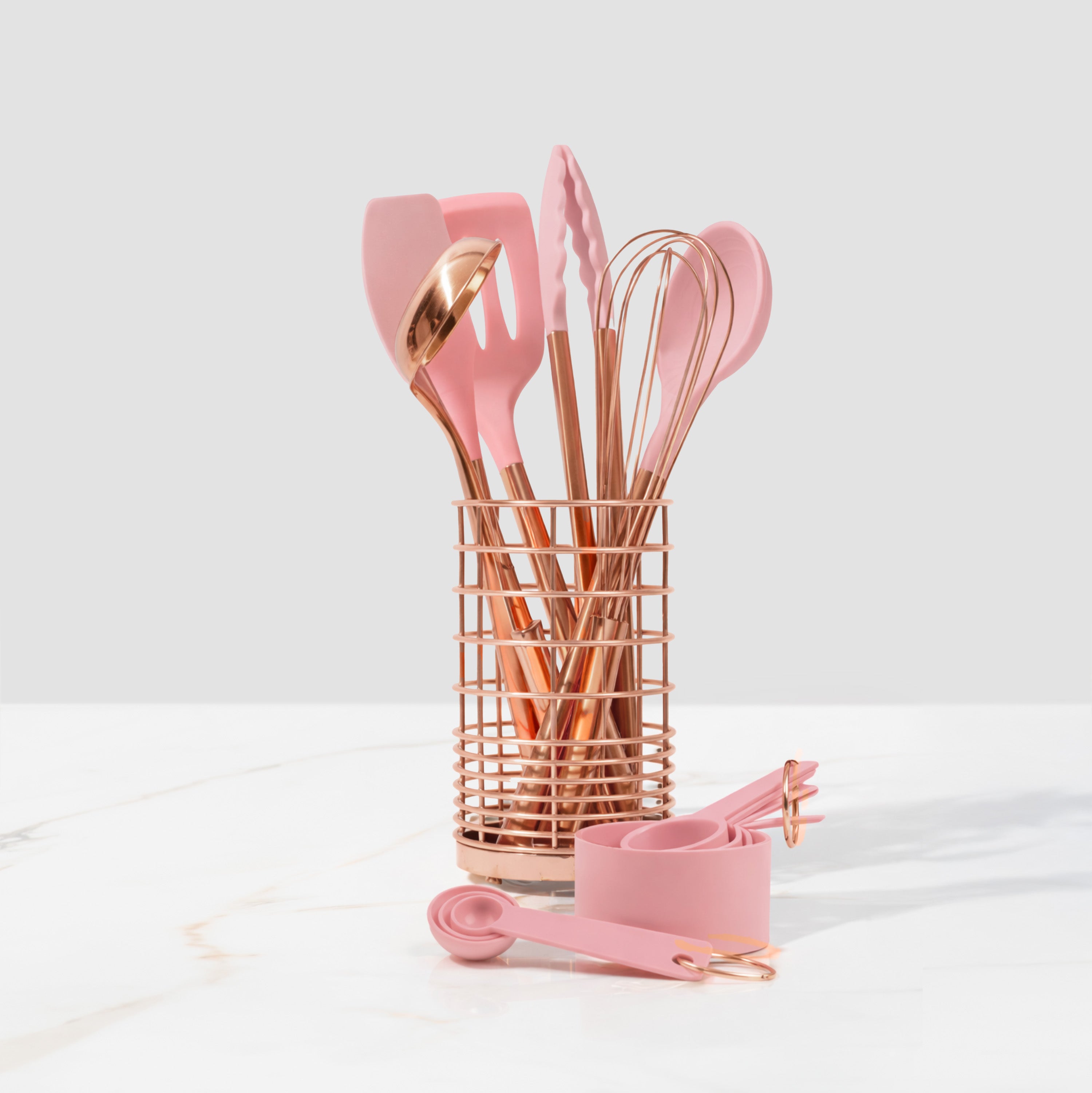 Pink and Copper Kitchen Utensils Set with Holder