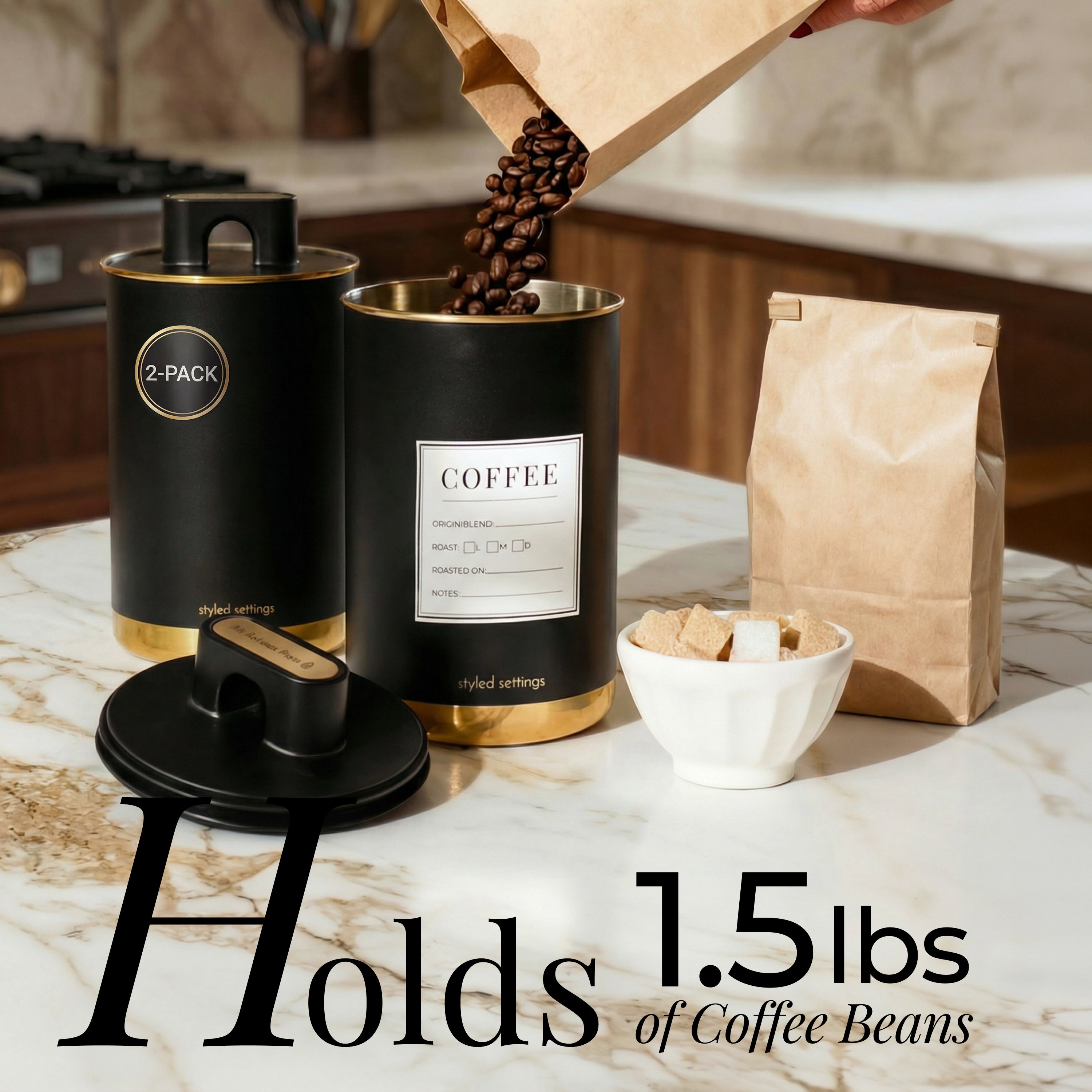 Black and Gold Coffee Canisters (Set of 2)