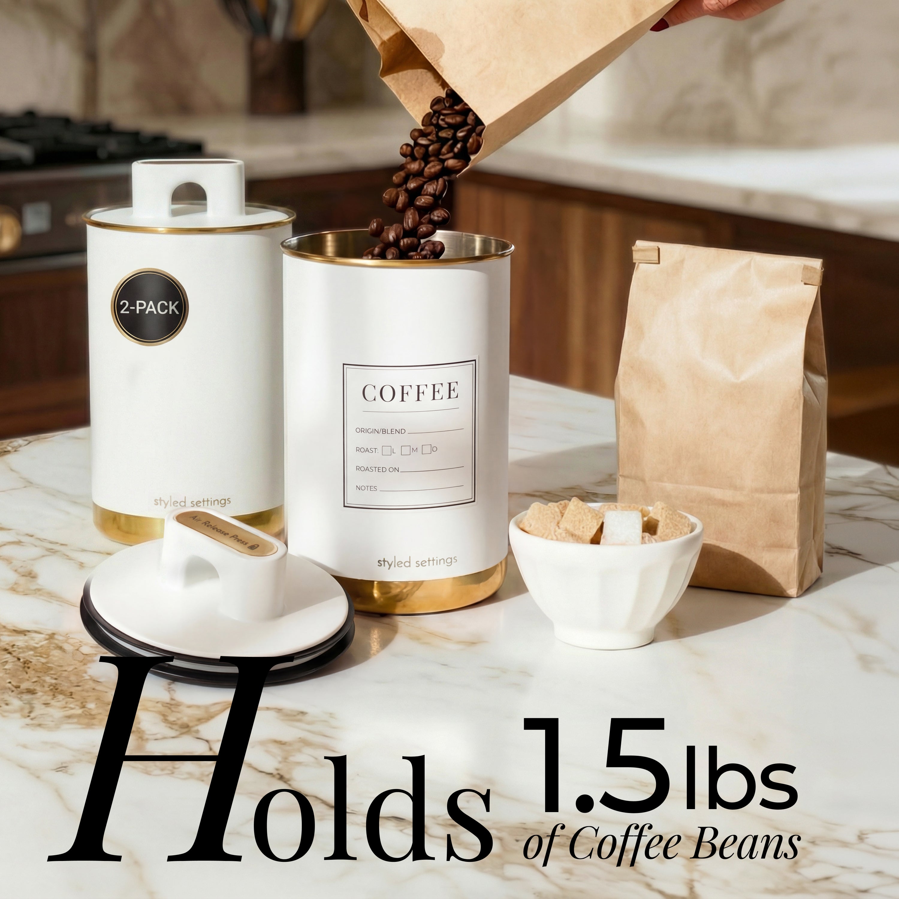 White and Gold Coffee Canisters (Set of 2)