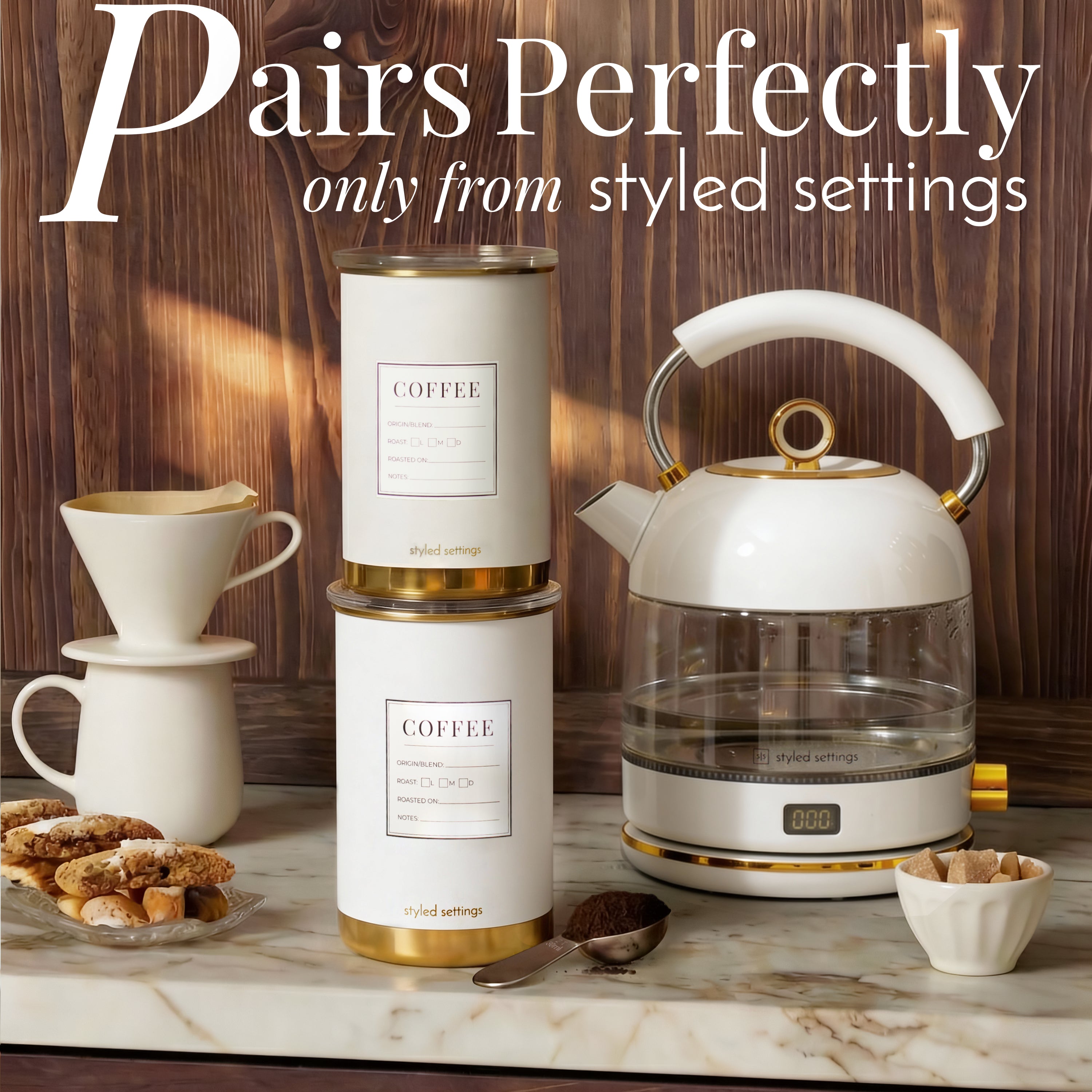 White and Gold Coffee Canisters (Set of 2)