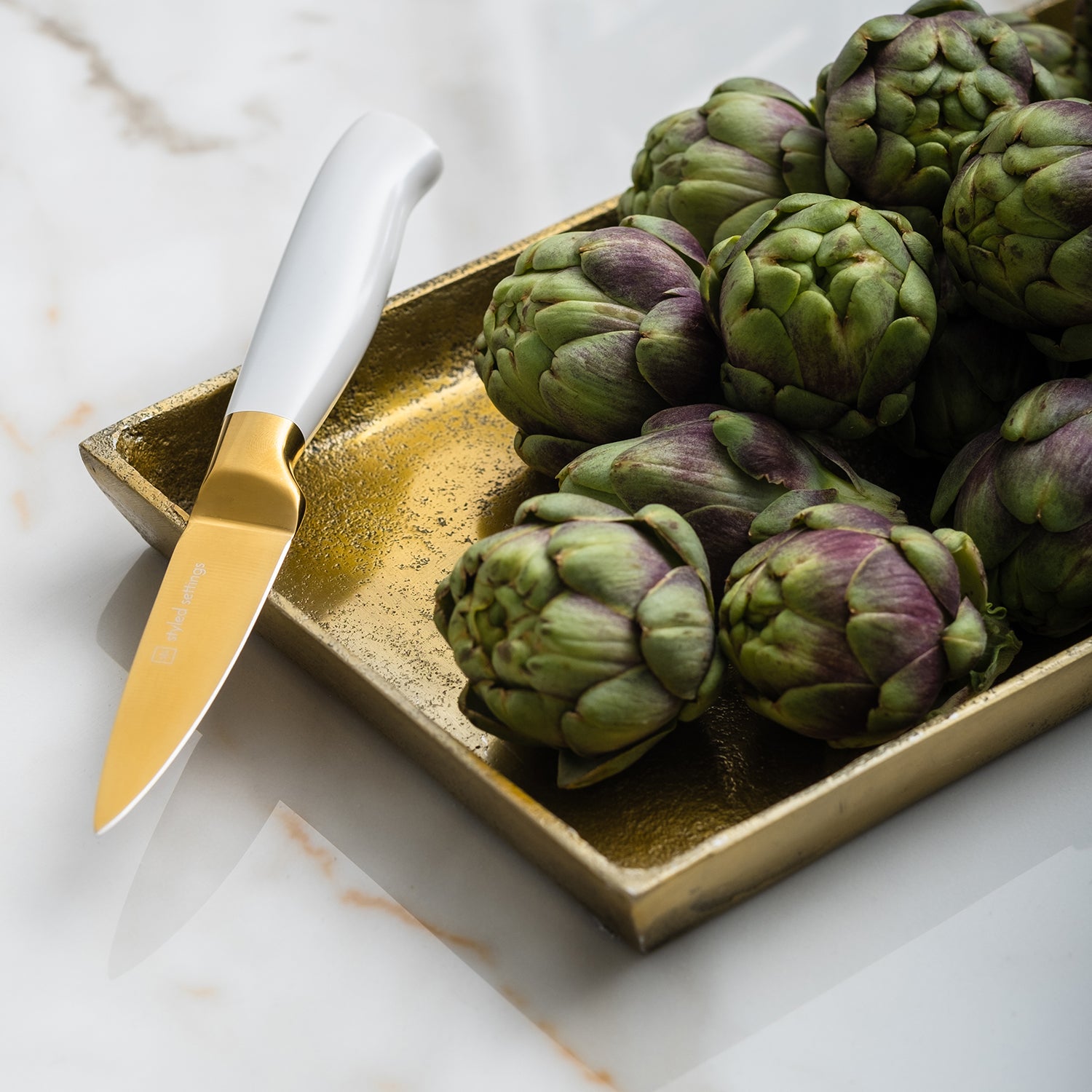 White and Gold Knife Set with Ashwood Self-Sharpening Block - Styled Settings
