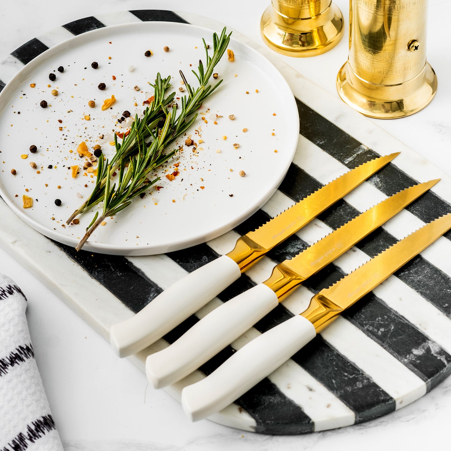 White and Gold Knife Set with Ashwood Self-Sharpening Block - Styled Settings