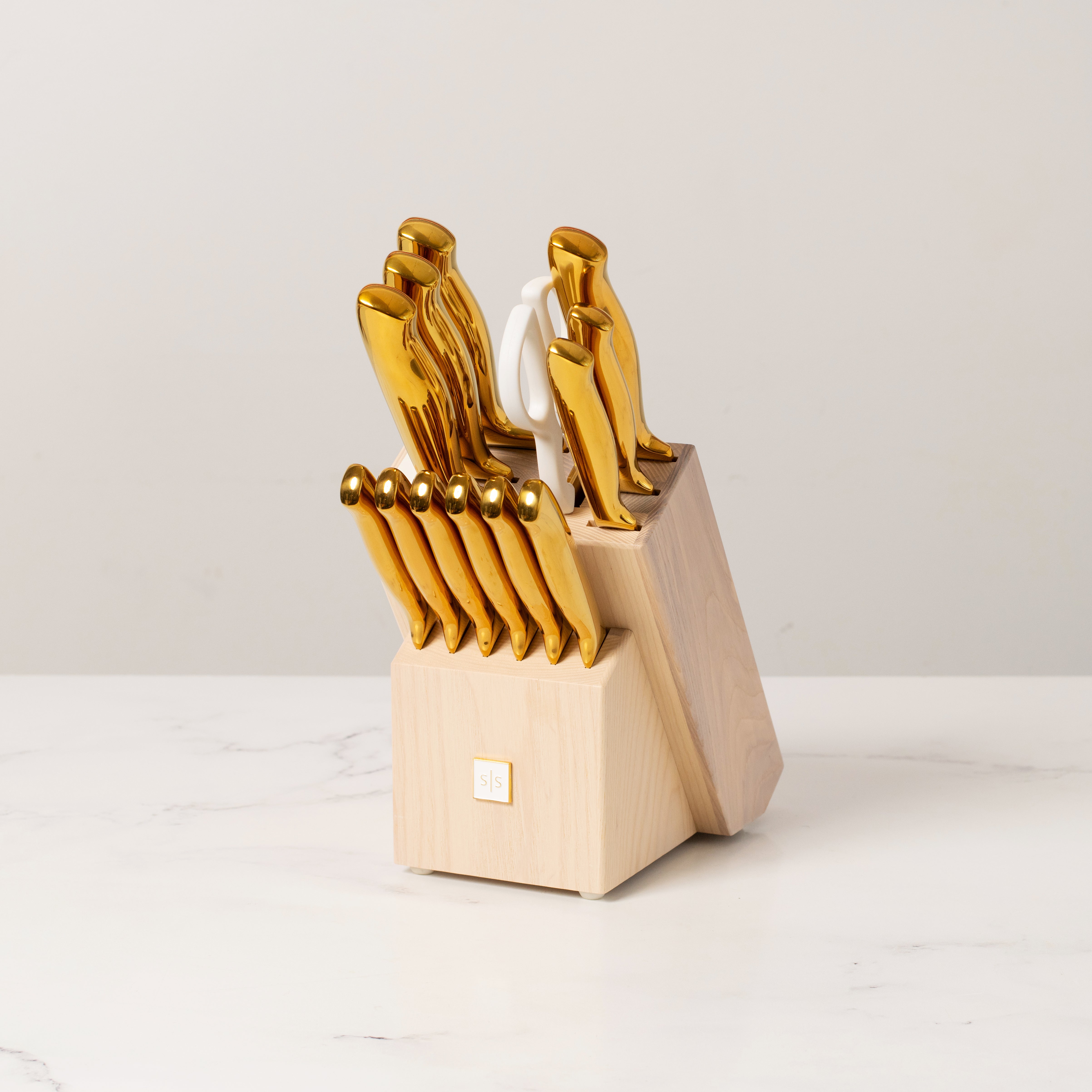 Gold Knife Set with Ashwood Self-Sharpening Block - Styled Settings