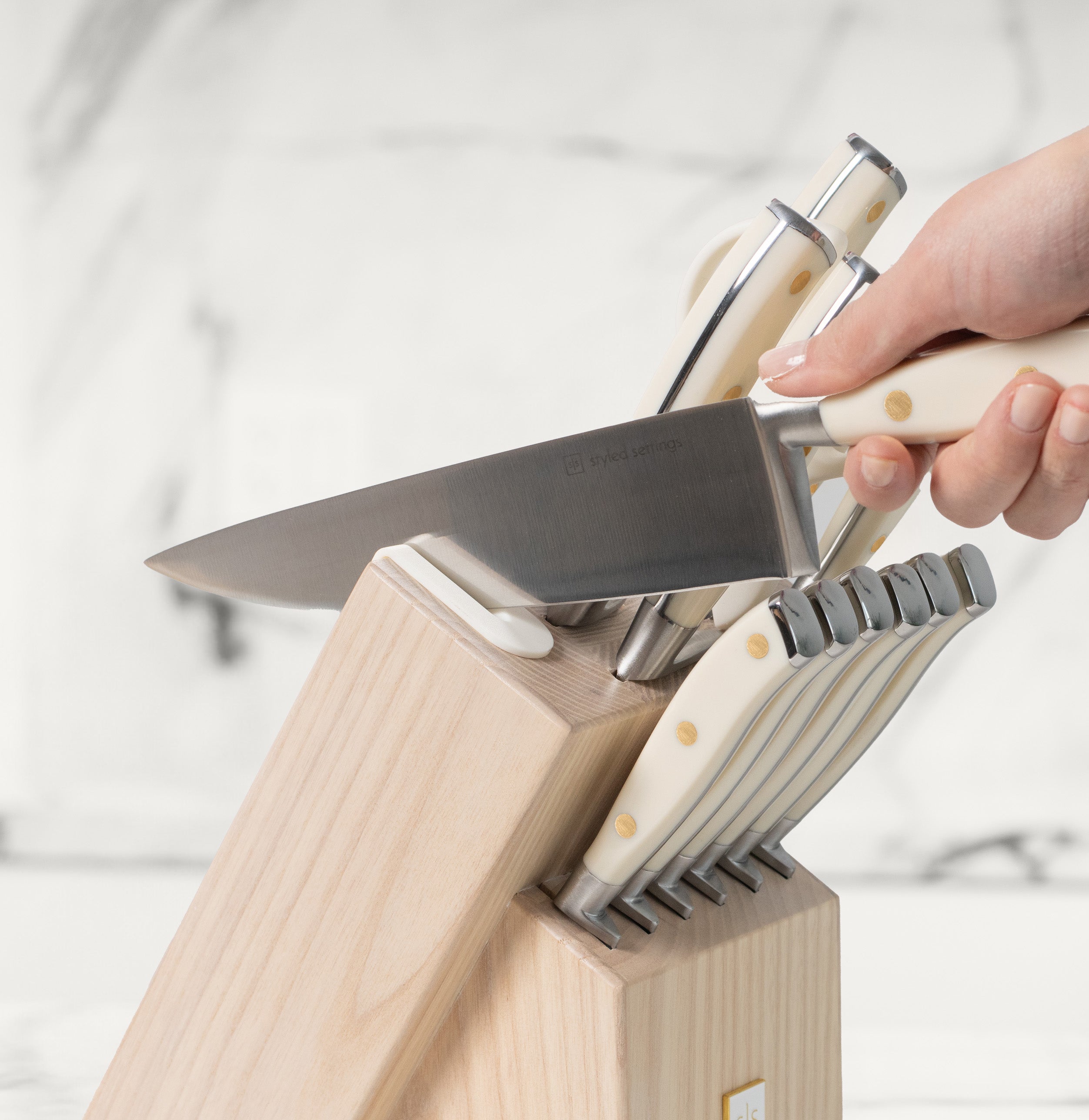 White and Silver Riveted Knife Set with Ashwood Self-Sharpening Block - Styled Settings