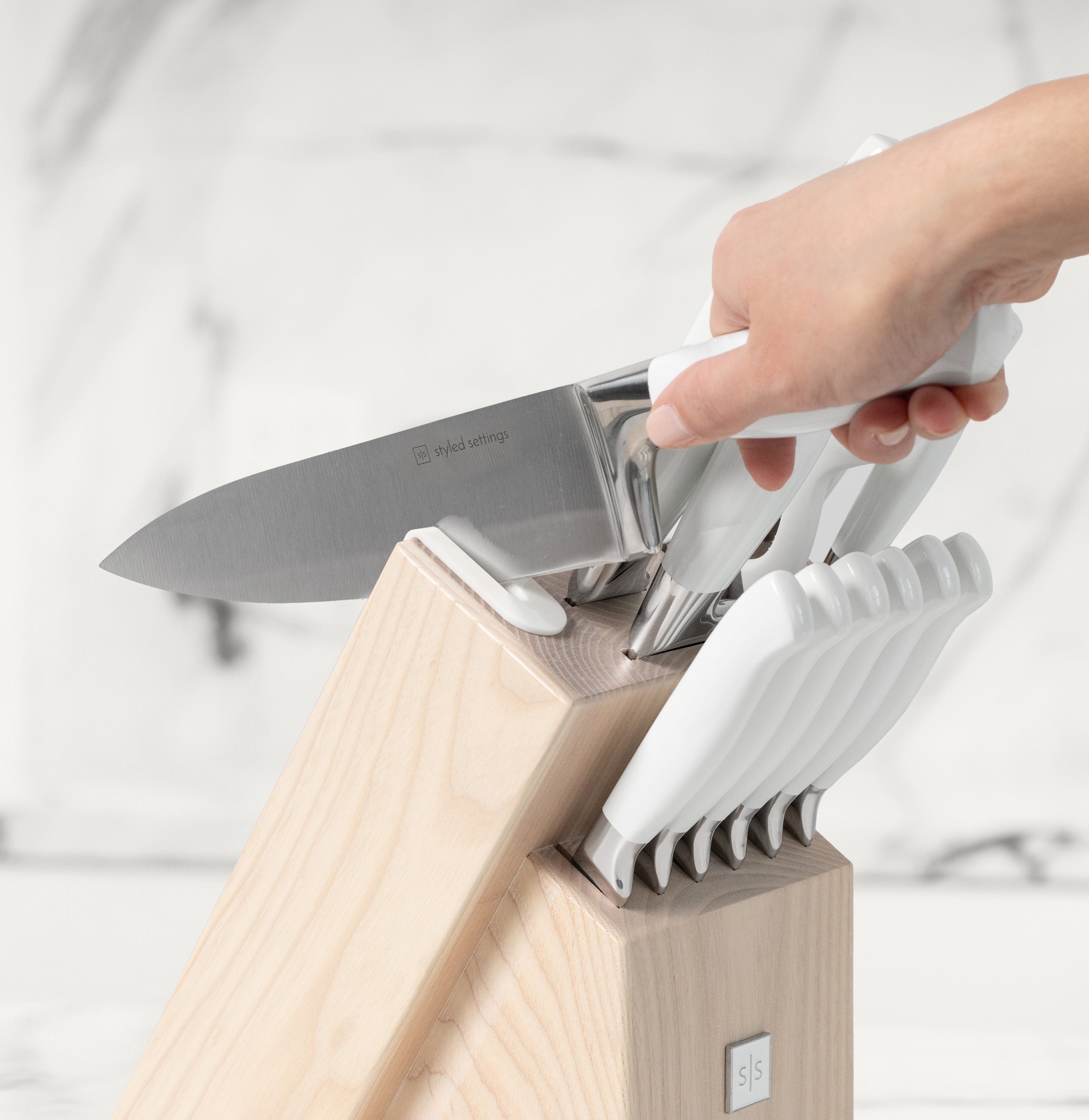 White and Silver Knife Set with Ashwood Self-Sharpening Block - Styled Settings