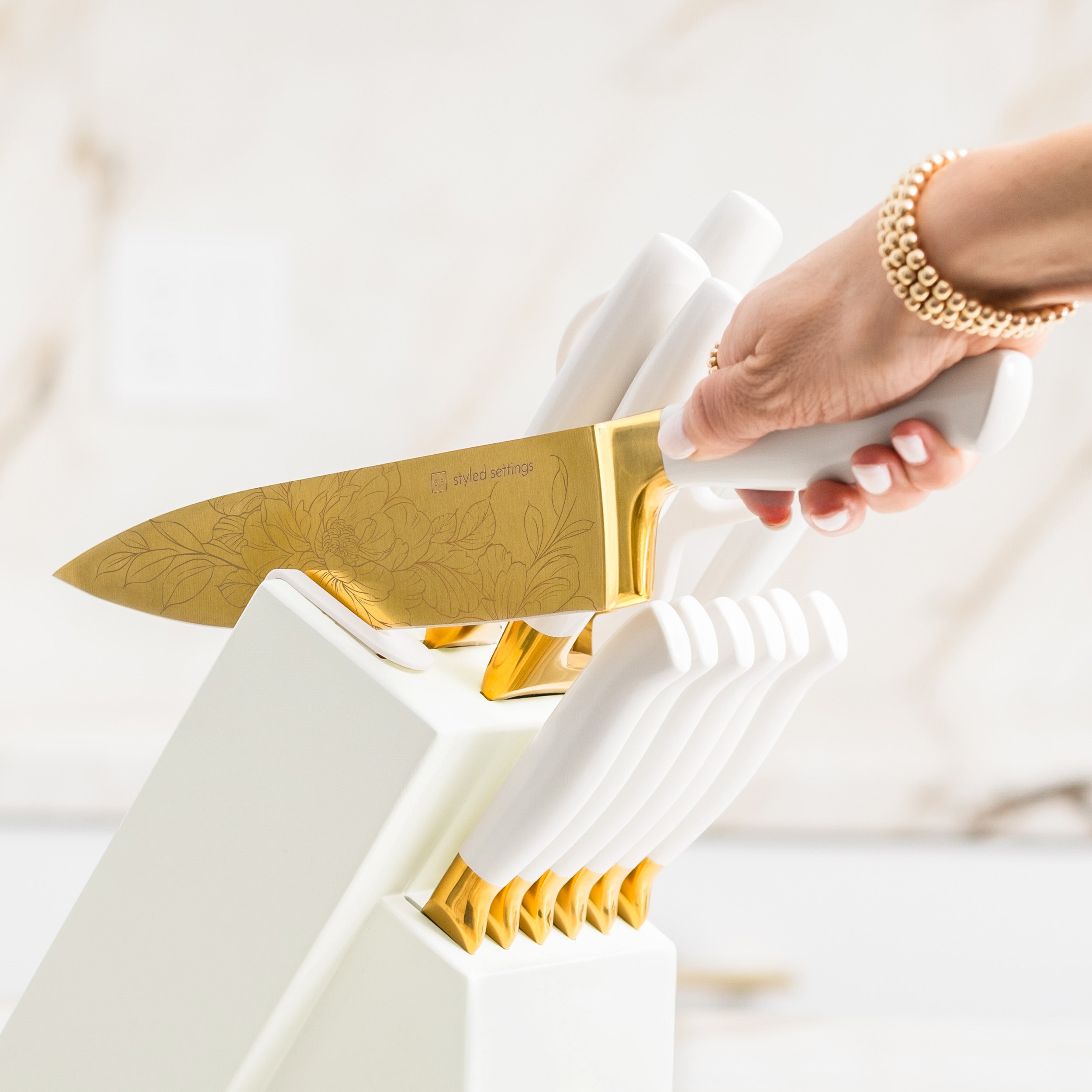 Patterned White and Gold Knife Set with White Self-Sharpening Block